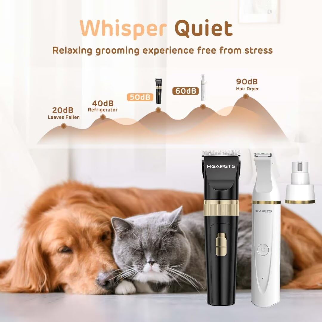 Heapets Dog Hair Clippers For Grooming Kit And Dog Paw Trimmer Nail Grinder For Grooming, Low Noise Rechargeable Cordless, Shave
