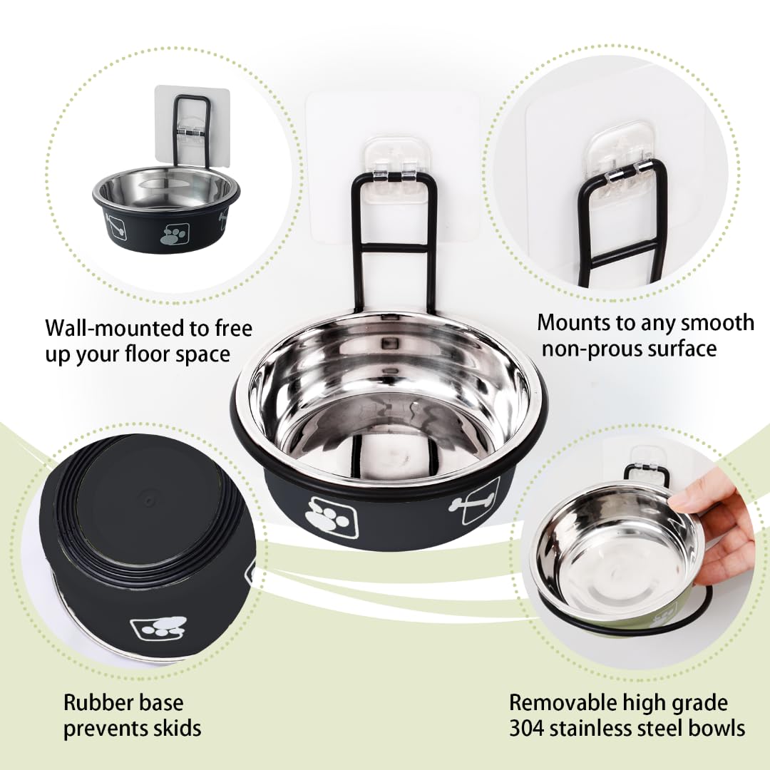 Stainless Steel Wall Mounted Cat Feeding System - Adjustable Elevated Bowls, Nonslip Stand, 2Pack For Cats & Puppies