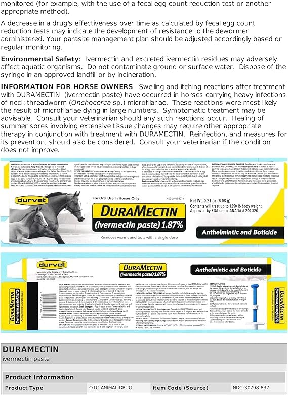 Durvet Duramectin Ivermectin Paste 1.87% for Horses, 0.21 oz (Pack of 2) - Effective Dewormer for Equine Health