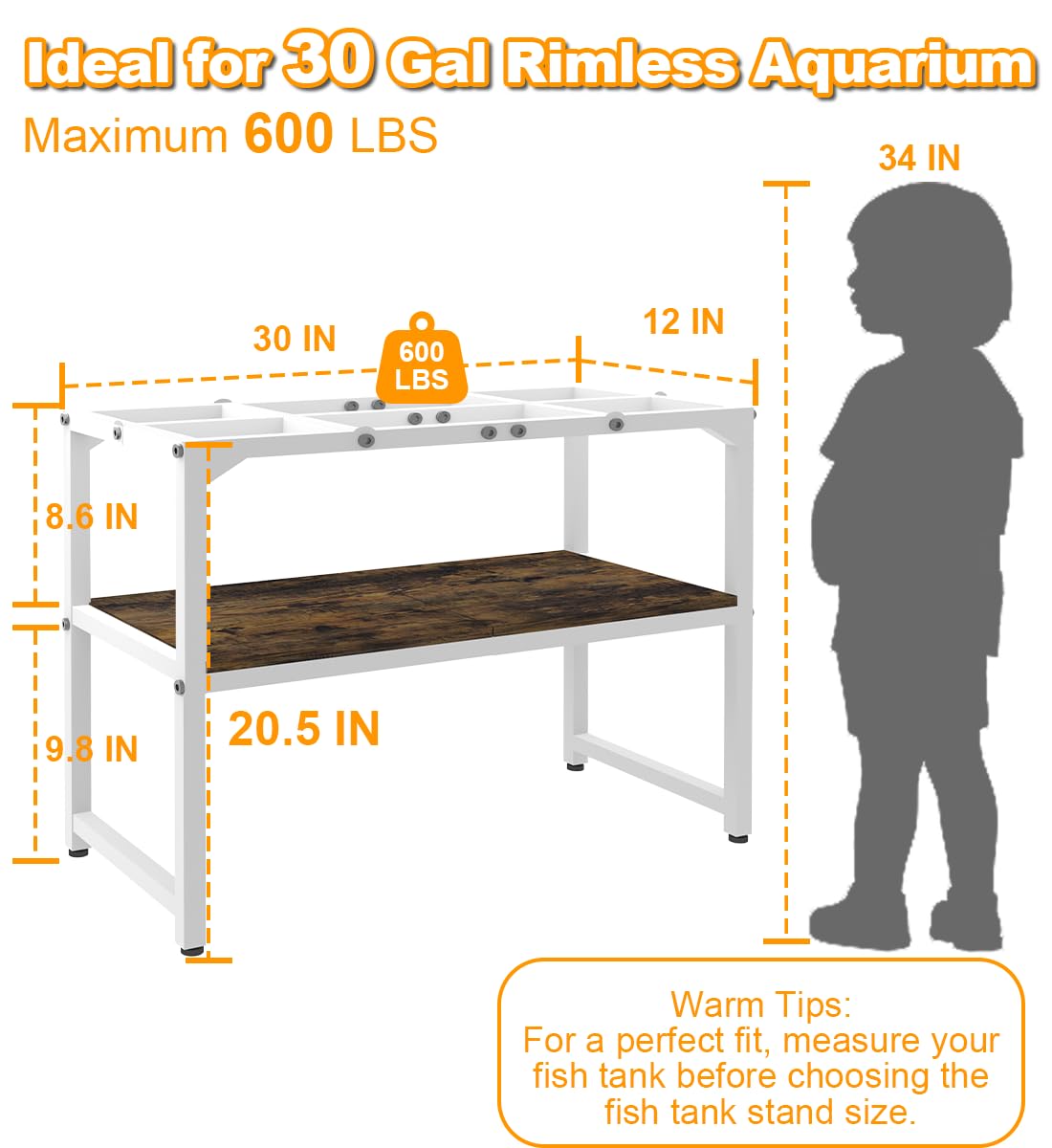 Mondazie 30 Gallon Rimless Fish Tank Stand with Shelf for Storage, 2 Tiers Metal Aquarium Stand, Breeder Tank Turtle Reptile Ter