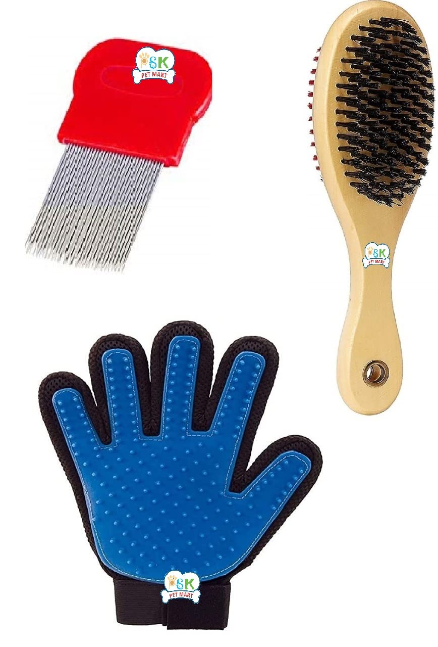 Psk Pet Mart Pet Grooming Set  Five Finger Hair Brush + Wooden Handle Double Side Brush(Small) + Pet Pin Hair Grooming Comb For