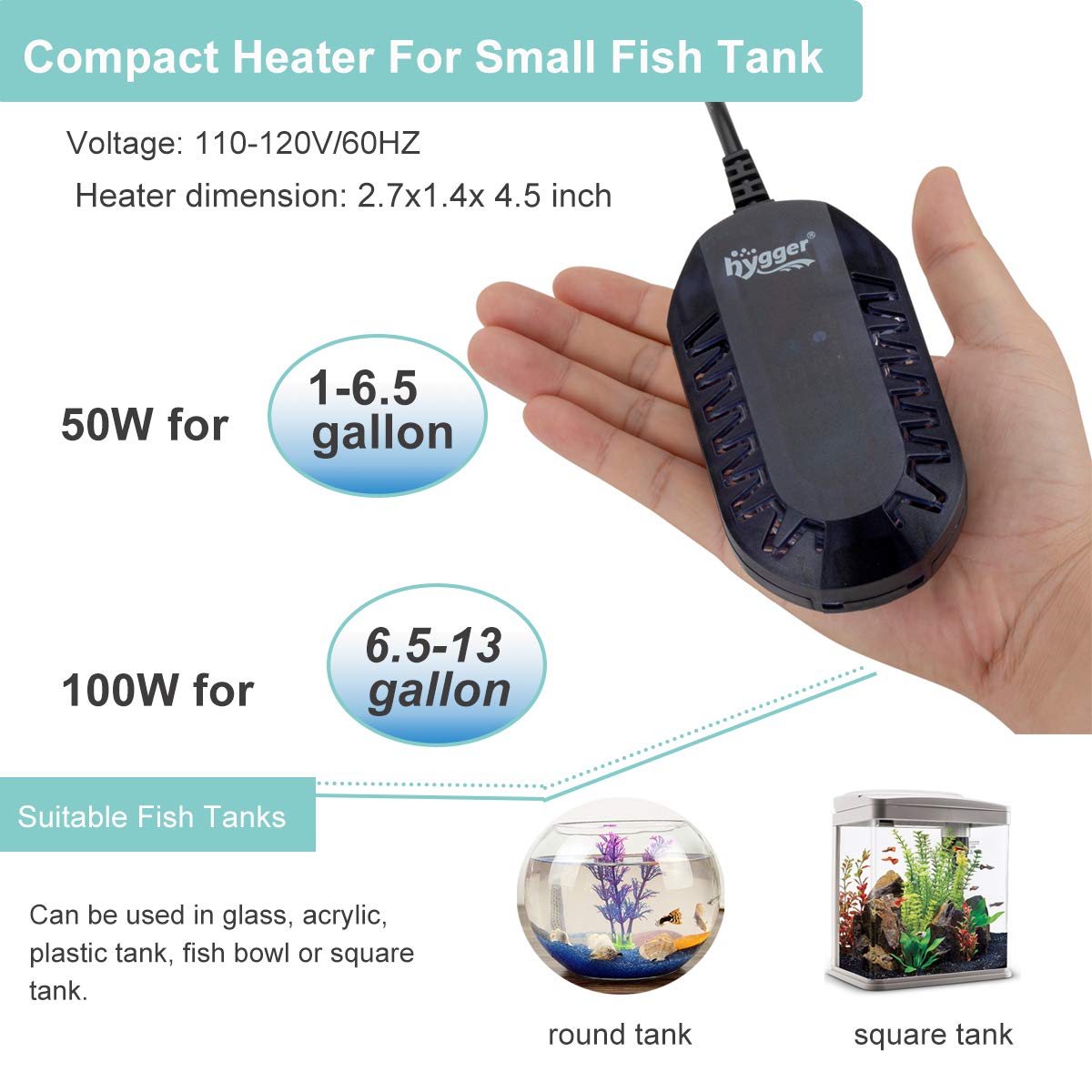 Hygger 50W Mini Submersible Digital Display Aquarium Heater For Small Fish Tank, Compact And Fast Heating Thermostat, With External Controller And Built-In Thermometer, For Betta, Turtle
