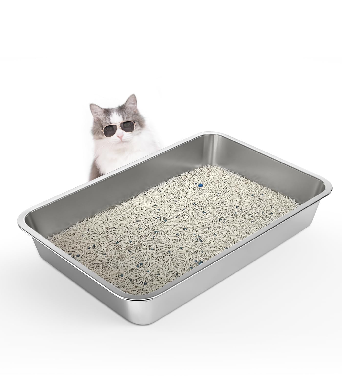 Wenbokmin Stainless Steel Cat Litter Box, 4In Shallow Litter Box For Senior Cats And Kittens, Extra Large Metal Litter Pan Nonst
