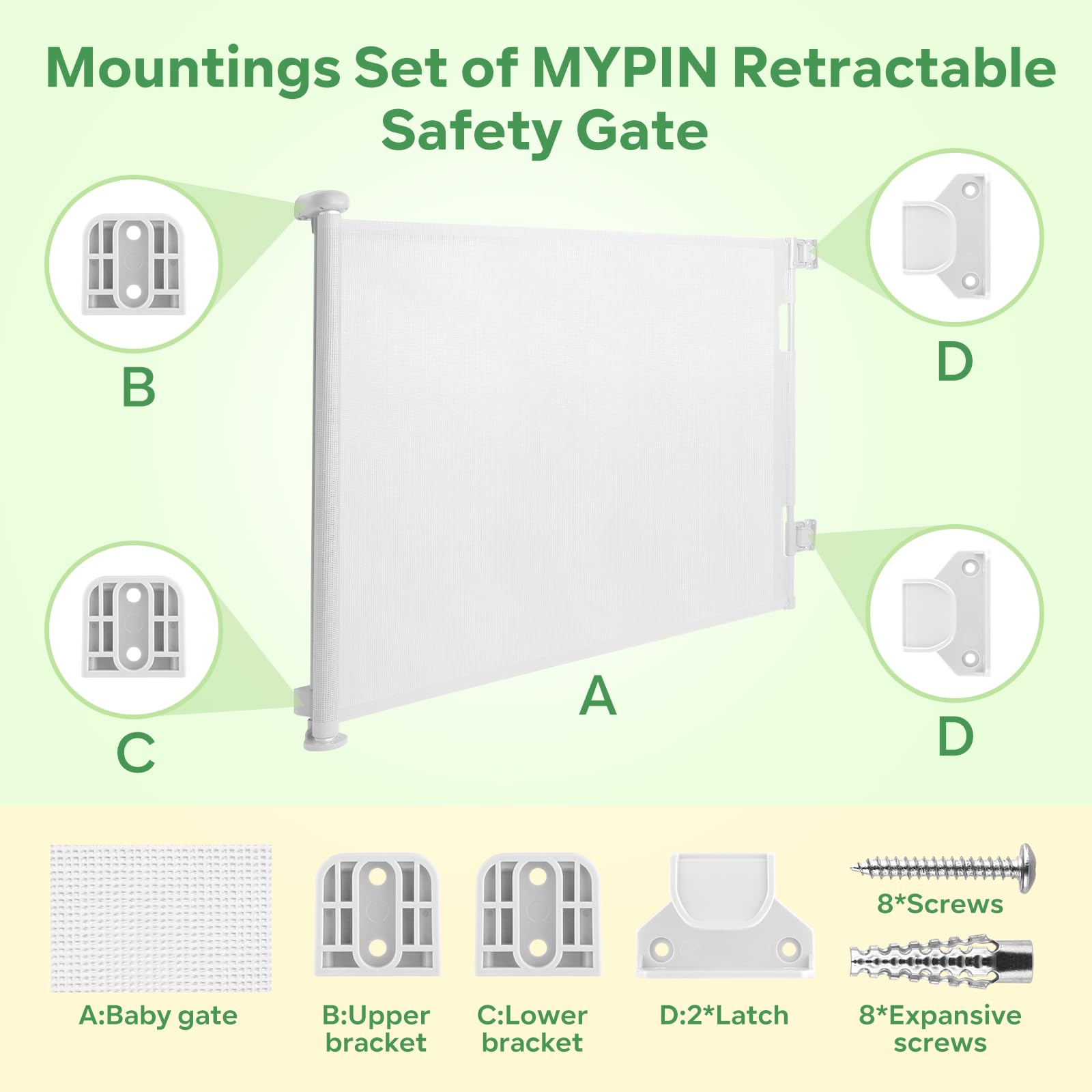 Retractable Baby Gate Replacement Parts Kit, Pet Gate Full Set Wall Mounting Hardware With Brackets Anchors And Screws(White)