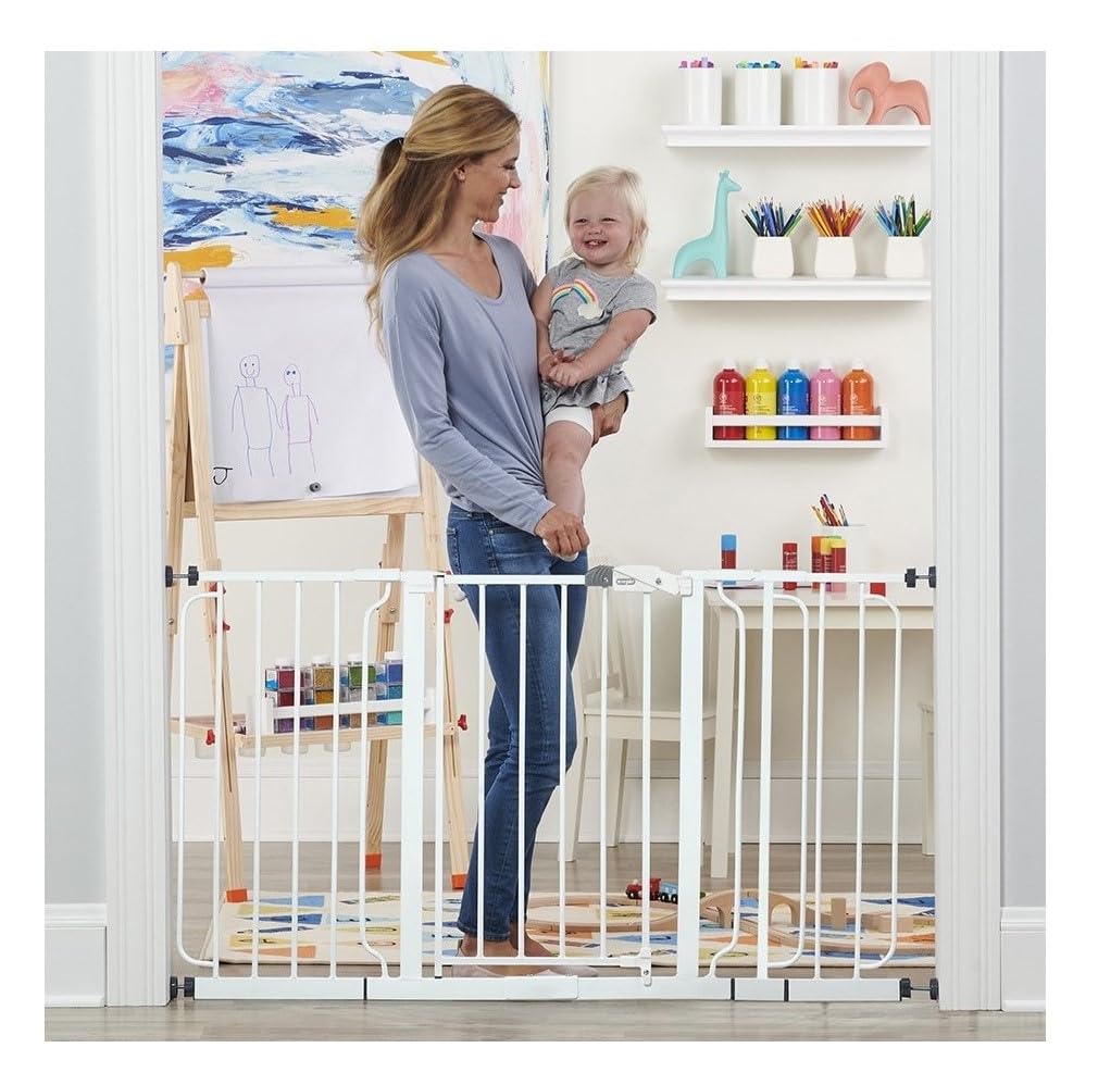 Regalo 56-Inch Extra Widespan Walk Through Baby Gate, Includes 4-Inch, 8-Inch And 12-Inch Extension, 8 Piece Set - 4 Pack Of Pressure Mounts And 4 Pack Of Wall Cups And Mounting Kit, White
