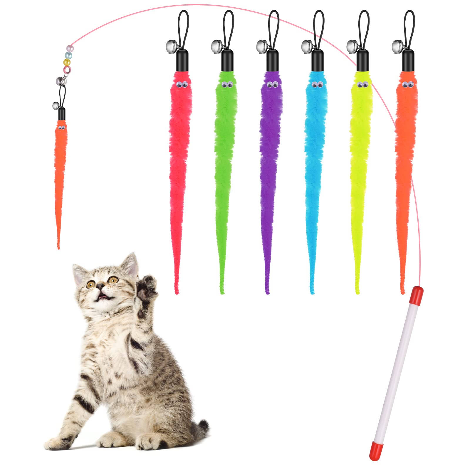 Cobee Cat Toys Wand Replacement, 6Pcs Furry Tail Worms With Bells + Cat Fishing Pole Toy, Cat Wand Toy Replacement Refills, Assorted Teaser Refills With Bell For Cat Kitten