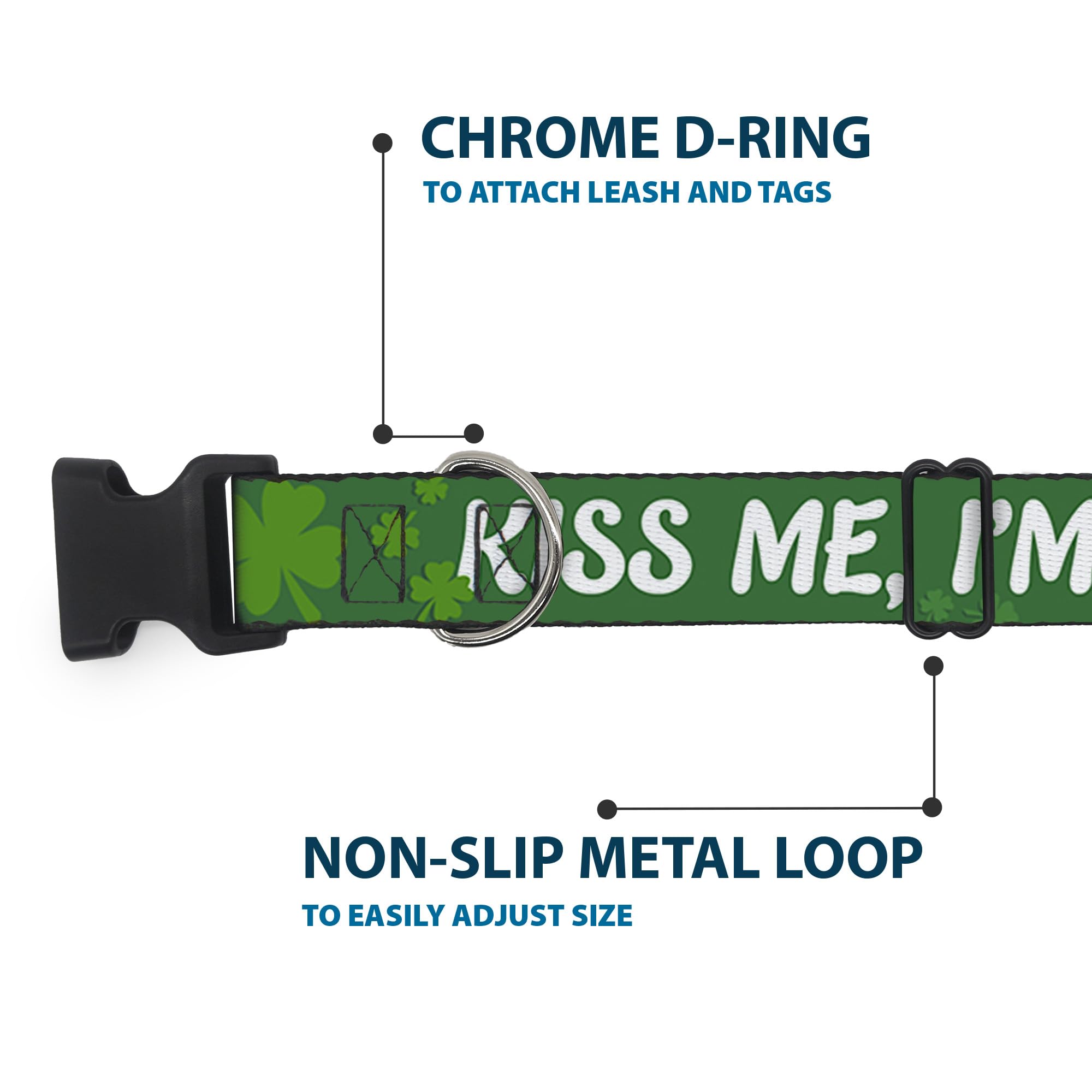 Buckle-Down 9-15' Kiss Me, I'M Irish! Clovers Green/White Plastic Clip Collar, Small