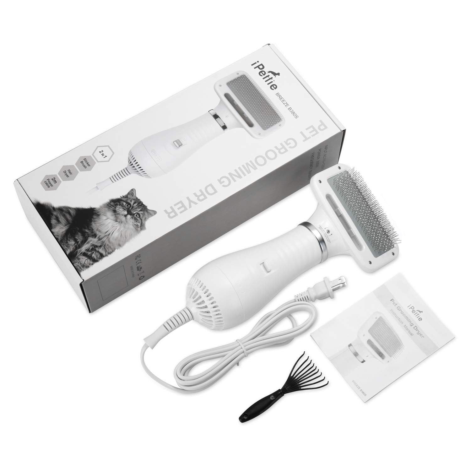 Ipettie Pet Hair Dryer With Slicker Brush, Quiet, 2 Heat Settings Professional Home Grooming Furry Portable Drying Blower For Sh