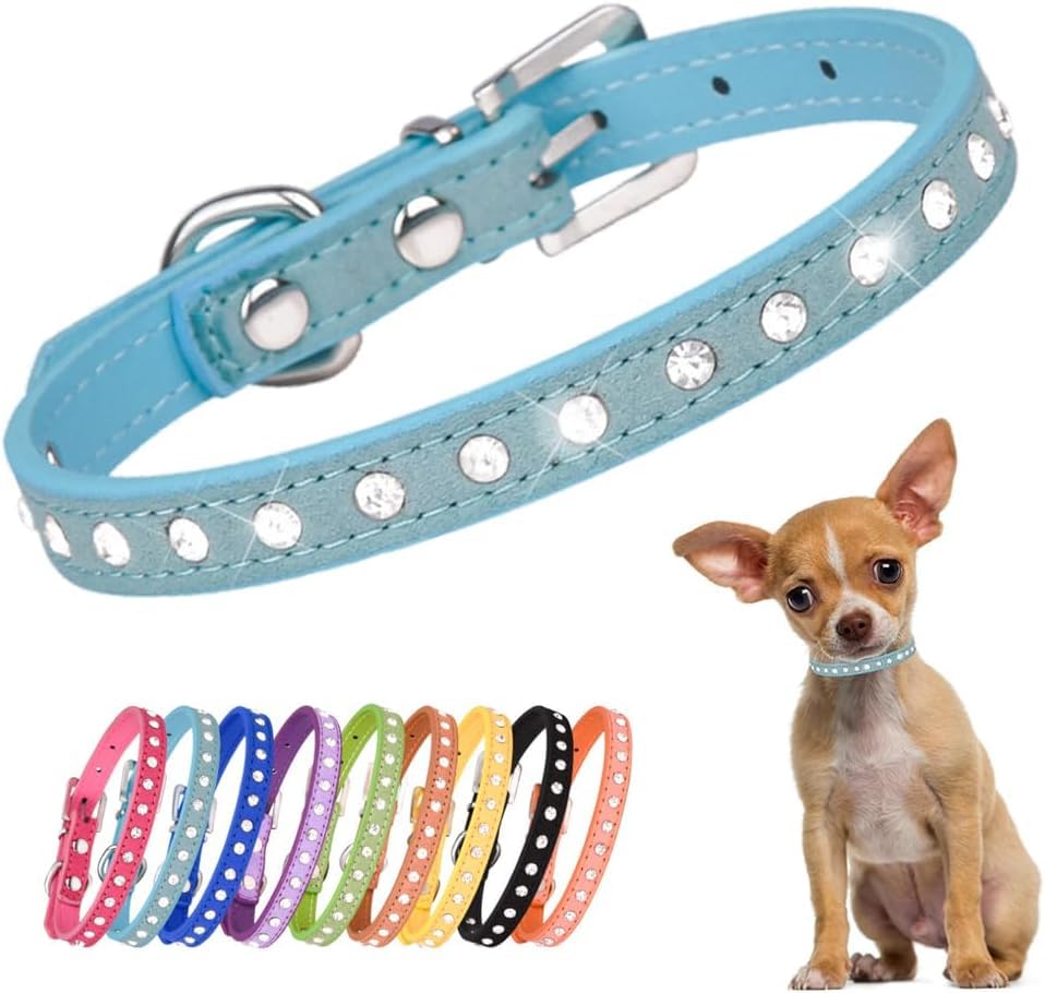 Haoyueer Cute Dazzling Sparkling Elegant Fancy Suede Leather 1 Rows Bling Rhinestone Crystal Jeweled Small Pet Cat Dog Puppy Collar(Blue,S)
