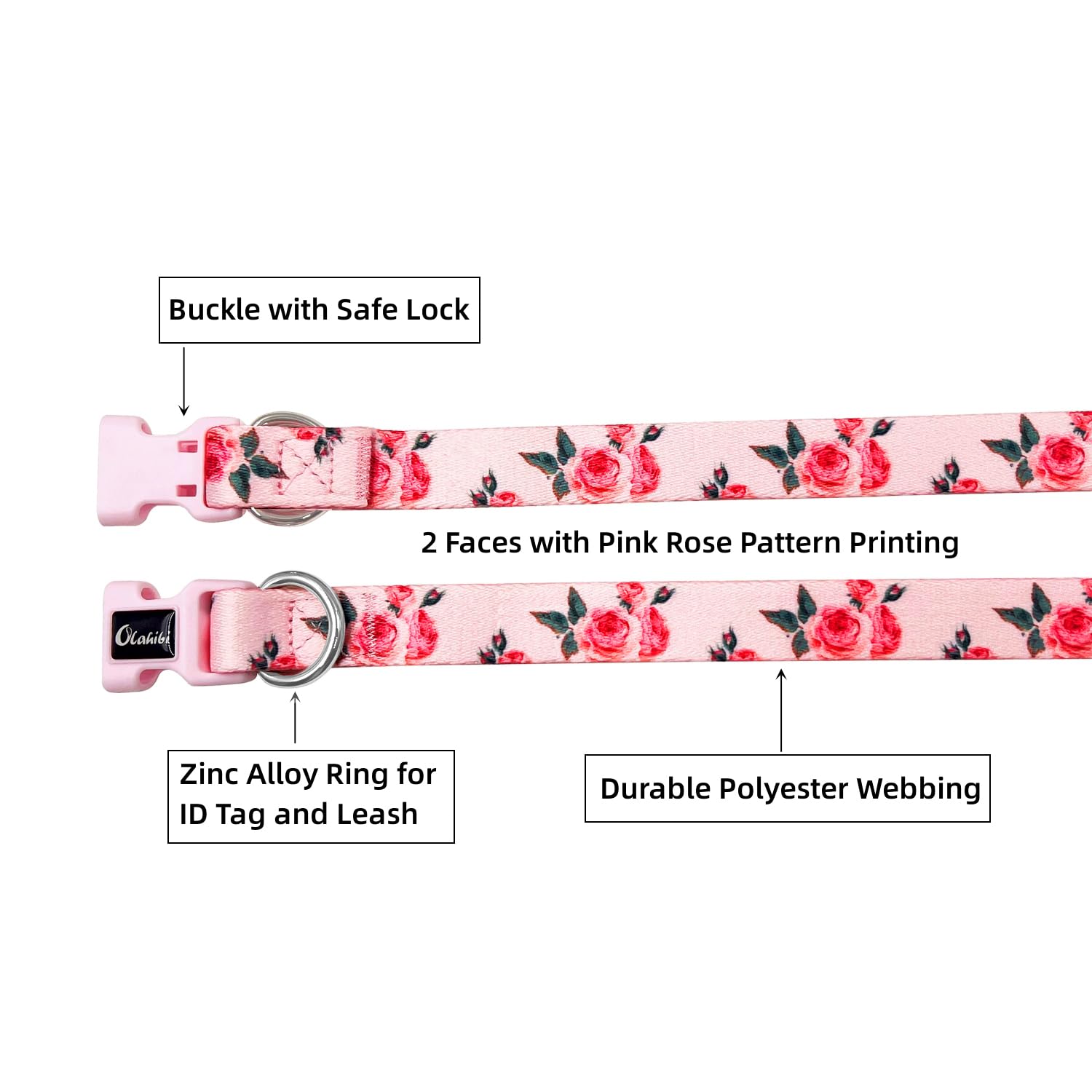 Olahibi Dog Collar And Leash Set, Cute Rose Pattern, Polyester Material, 5Ft Leash, For Large Dogs.(Large,Pink Rose)