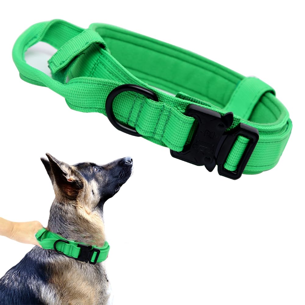 Tactical Dog Collar Military Dog Collar Adjustable Nylon Dog Collar Heavy Duty Metal Buckle With Handle For Dog Training (Bright Green,S)