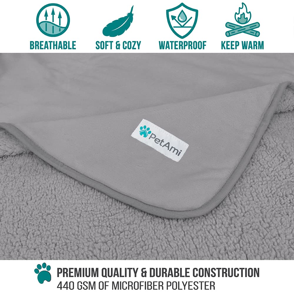 Petami Waterproof Dog Blanket For Medium Large Dogs, Pee Proof Pet Blanket Sherpa Fleece Couch Cover, Reversible Cat Throw Bed Sofa Protector, Soft Plush Washable Pad (Large 40X60, Light Gray)