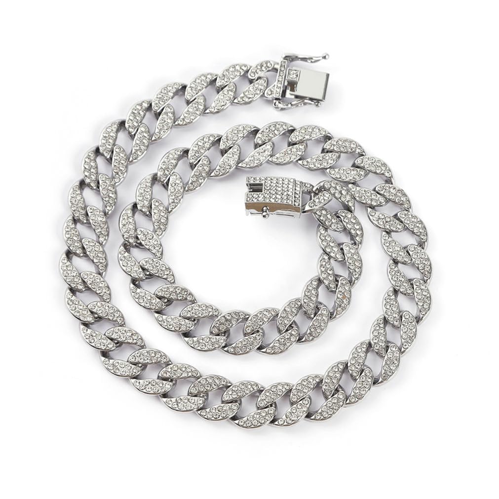 Silver Cuban Dog Collar,Cuban Link Dog Collar Necklace Diamond Metal Bling Choke Collar 13Mm Wide Pet Jewelry For Puppy Small Me