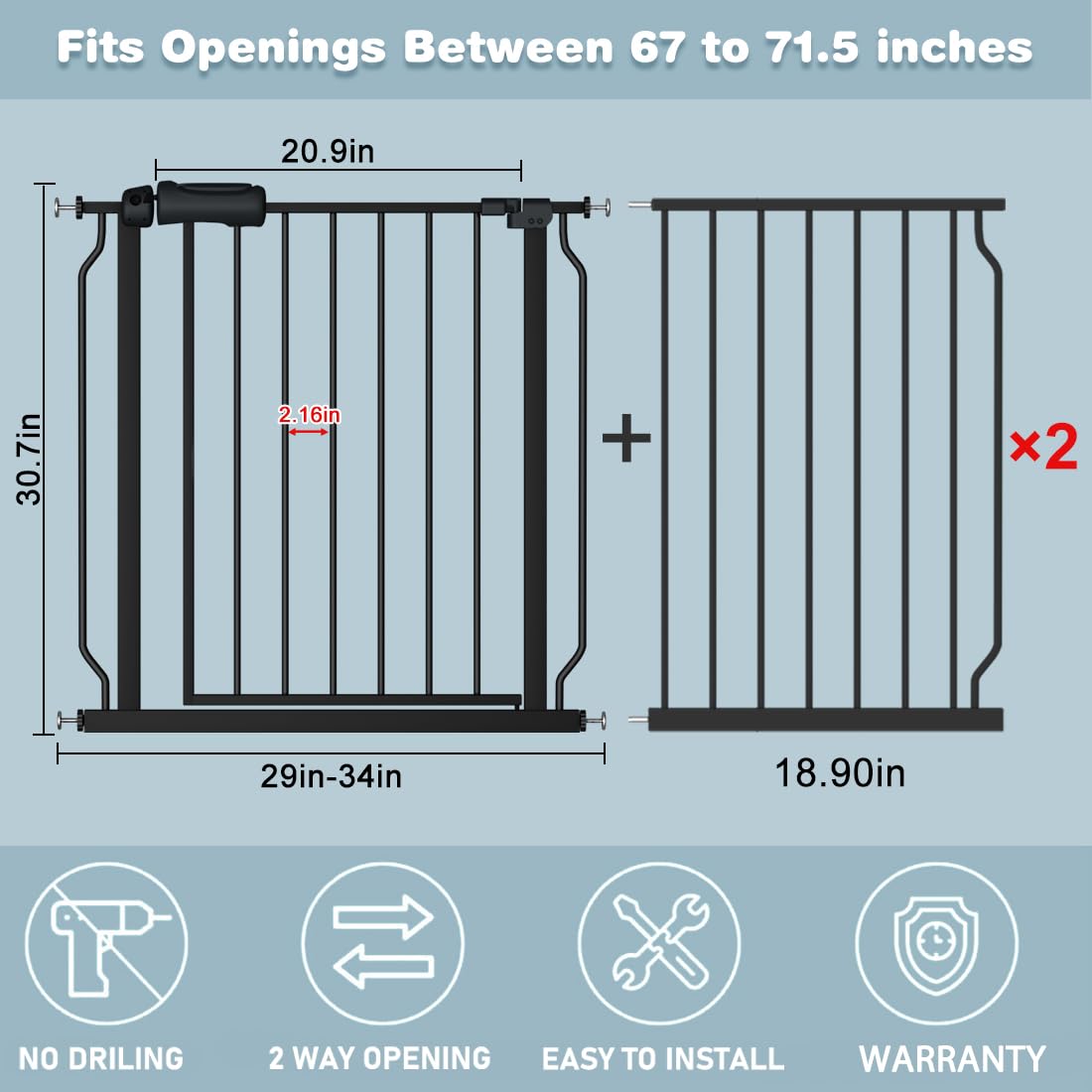 Flower Frail Extra Wide Baby Gate 67-71.5 Inch Wide Walk Through Pressure Mounted Auto Close Large Long Tension Gate For Dog And Cats Black
