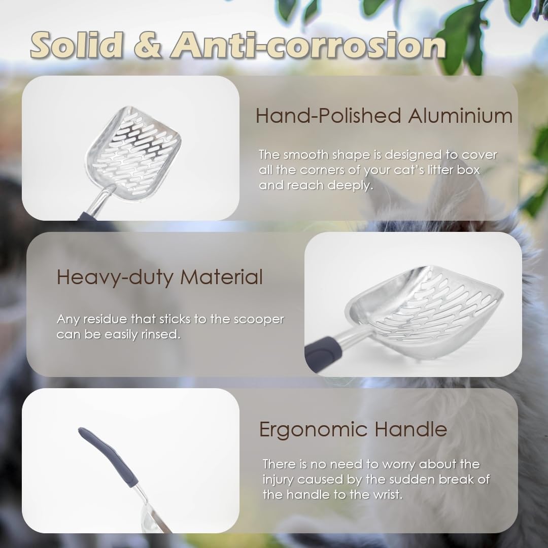 Vitisyao Heavy-Duty Cat Litter Scoop With Holder, Aluminium Cat Scoop Captures All Clumps, Kitty Metal Scooper, Cat Caddy For Li