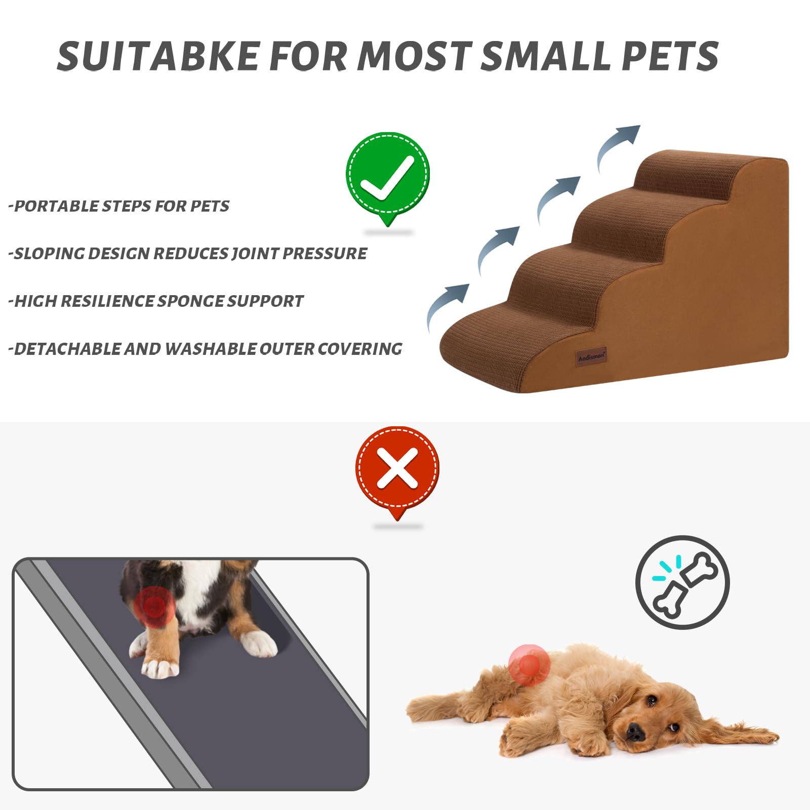 Aodisman 4-Step Dog Stairs and Ramp for Beds or Couches - Non-Slip Sturdy Pet Steps for Small Dogs and Cats,17.4 H,Brown