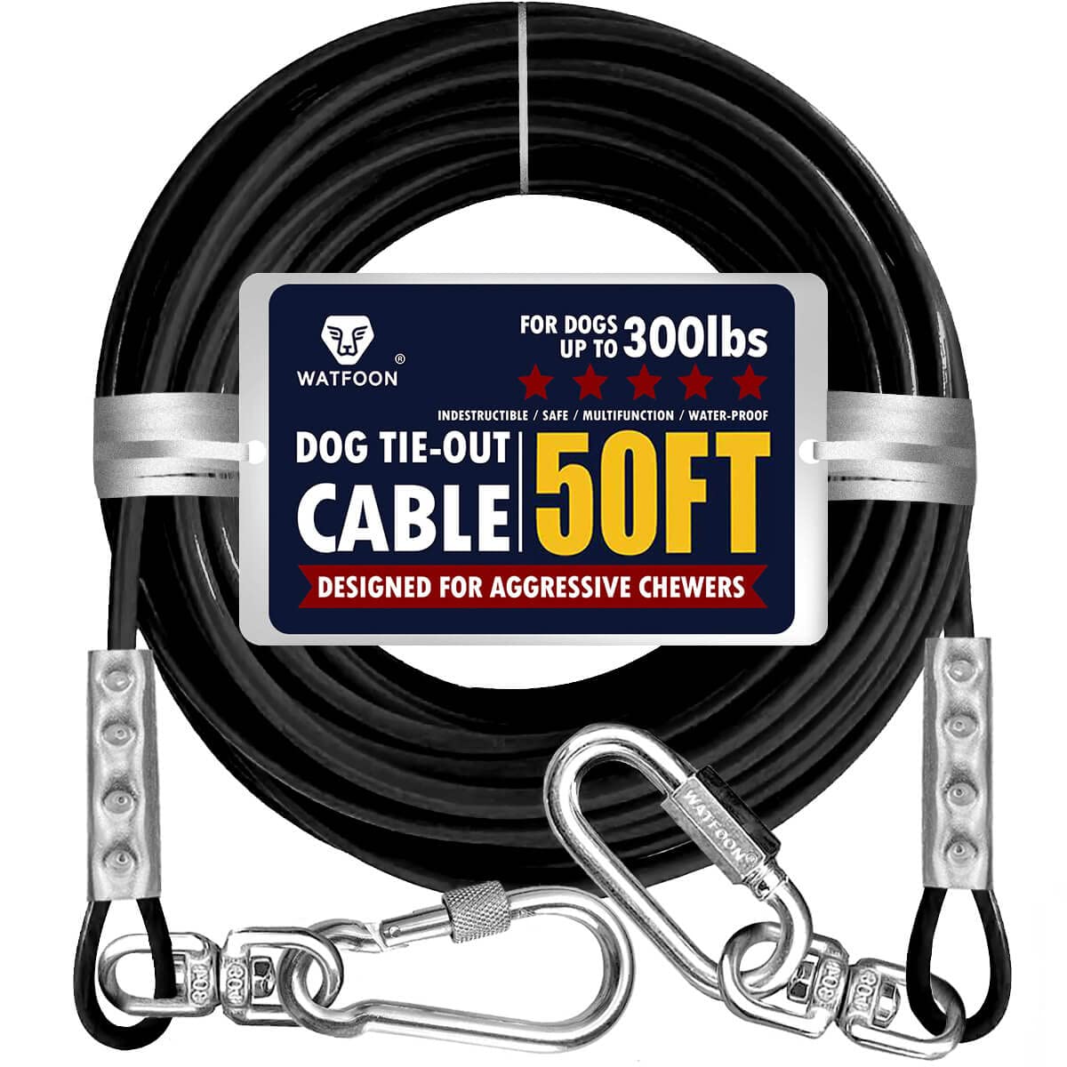 Watfoon 50 Feet Tie Out Cable For Dogs Outside, 50 Ft Length 1000Lbs Break Strength Galvanized Braided Steel Chew Proof Runner Lead With Pvc Coating Durable Cable For Small To Large Pets Yard Camping