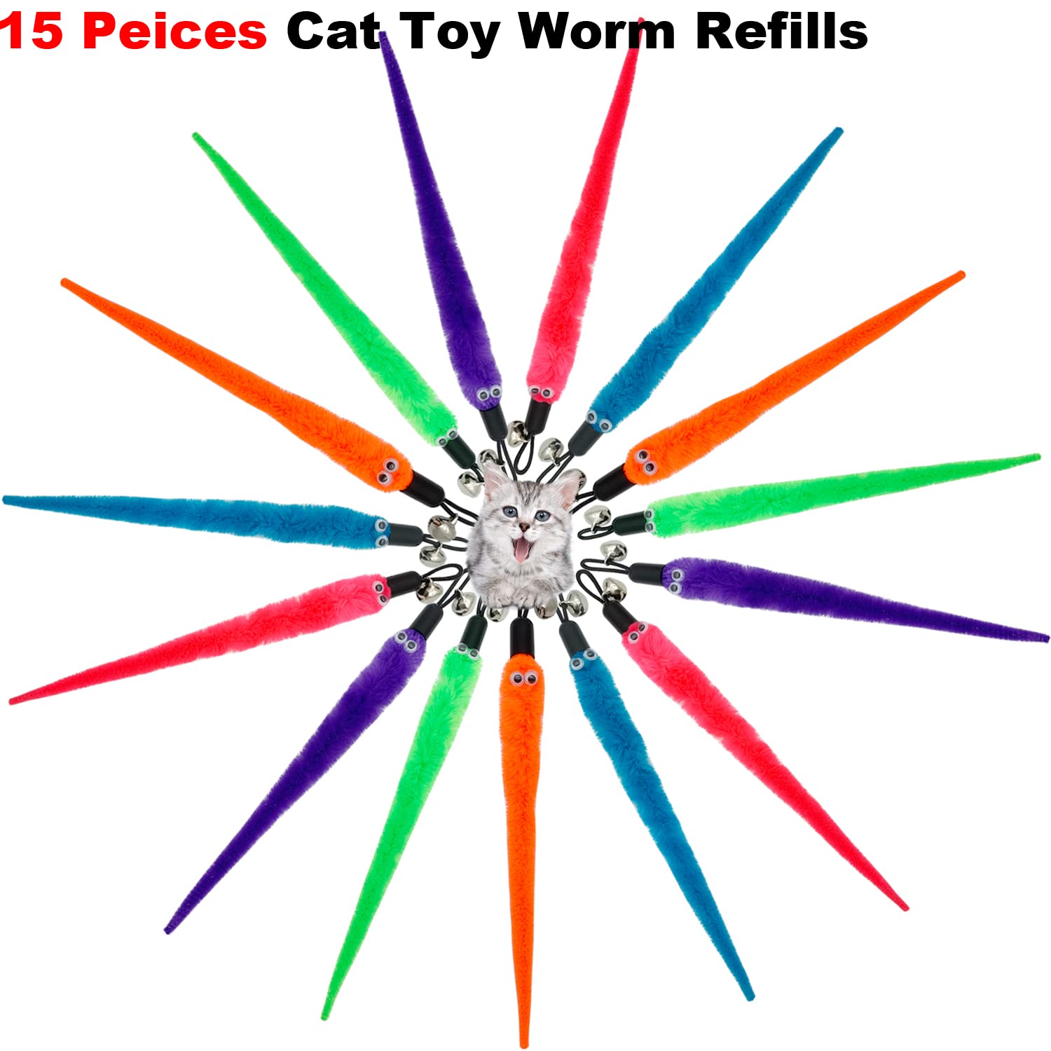 Cateness Cat Worm Toy Refills Cat Wand Replacement Worms, 15 Pcs Worms Cat Toy Refill, Cat Wand Attachments Teaser Refill Worm For Cat Toys