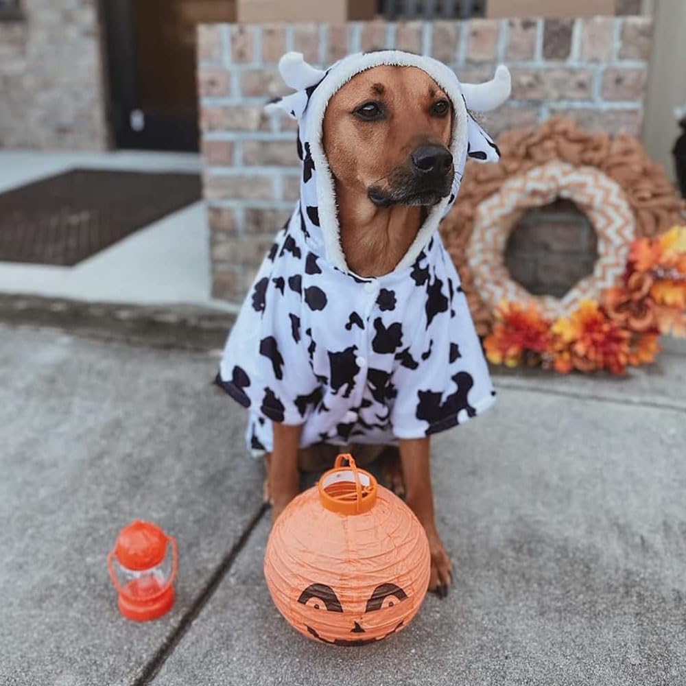 Fladorepet Halloween Dog Cow Costume Outfits For Small Medium Large Dog Winter Fleece Puppy Jacket Coat Hoodie Funny Dog Clothes Golden Retriever (3X-Large (Pack Of 1), White)