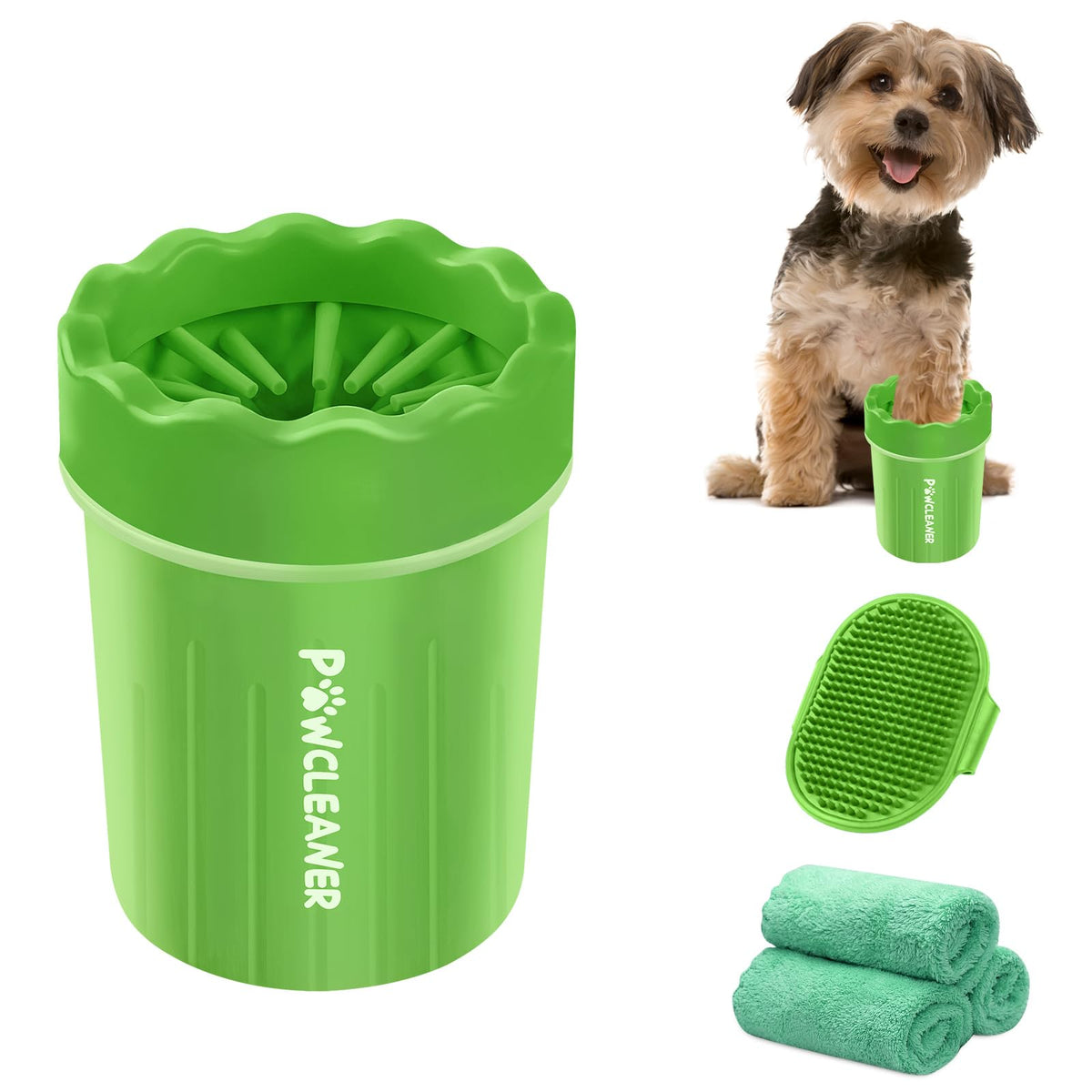 Comotech Portable Pet Paw Washer - Silicone Brush With 3 Absorbent Towels For Small Dog Breeds (Green)