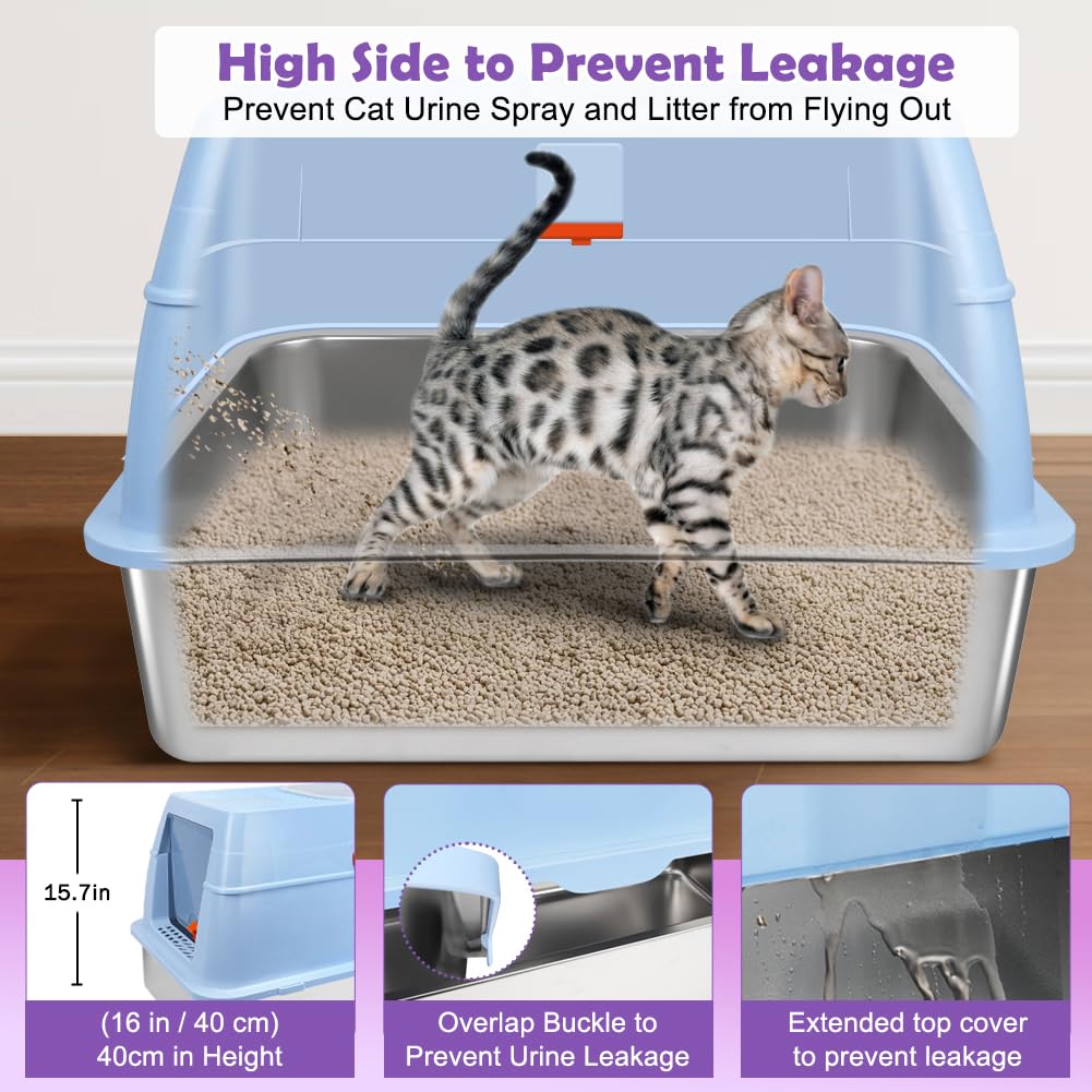 Xl Stainless Steel Litter Box, Easy-Clean With Top Exit Design, Odor Control Litter Box With Fully Enclosed Design & Activated C
