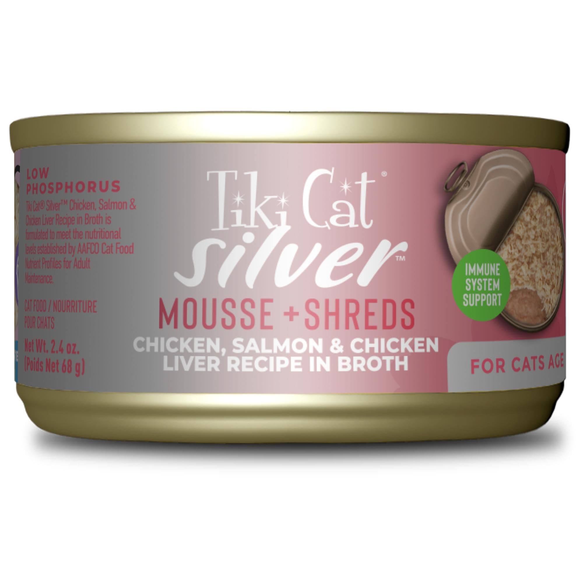 Tiki Cat Silver Comfort Mousse + Shreds, Chicken, Salmon & Chicken Liver Recipe, Immune System Support Formulated for Older Cats