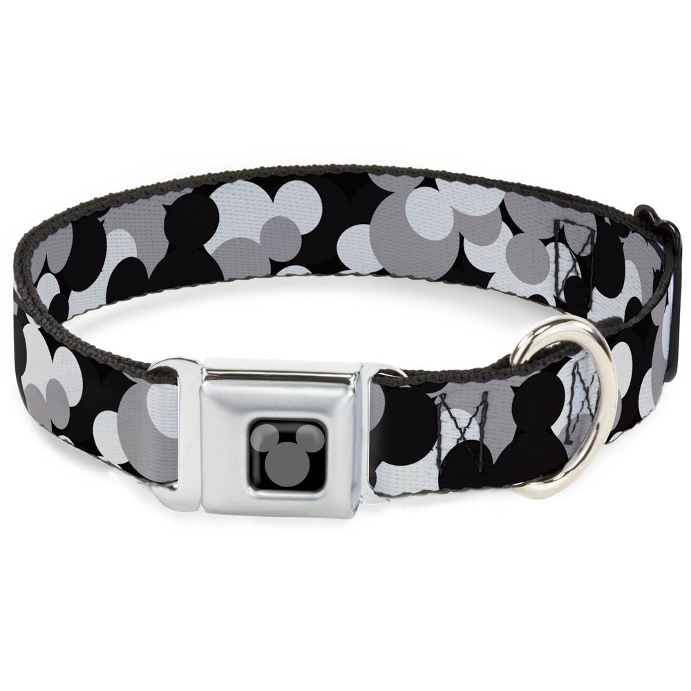 Dog Collar Seatbelt Buckle Mickey Mouse Head Stacked Black Grays 9 To 15 Inches 1.0 Inch Wide