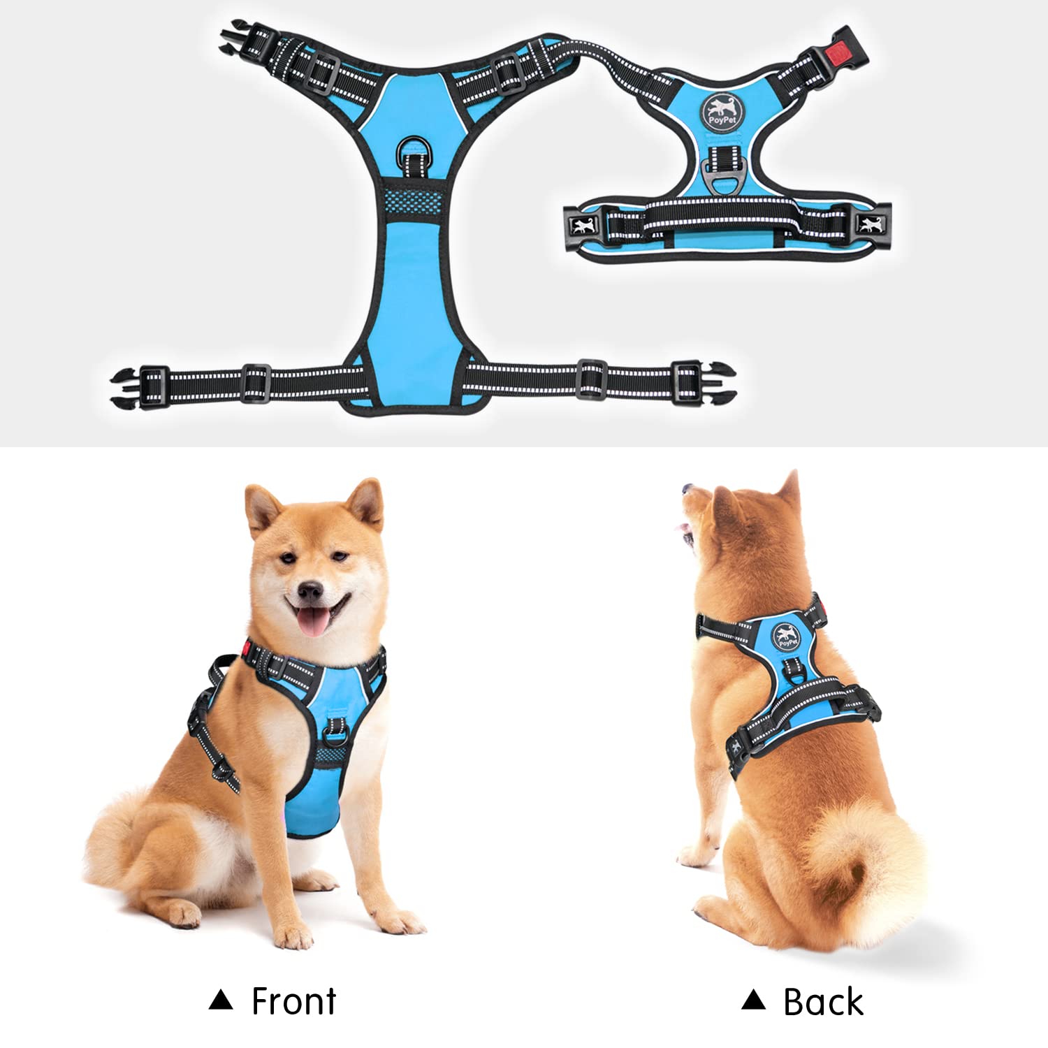 Poypet No Pull Dog Harness, No Choke Front Clip Dog Reflective Harness, Adjustable Soft Padded Pet Vest With Easy Control Handle For Small To Large Dogs(Blue,L)