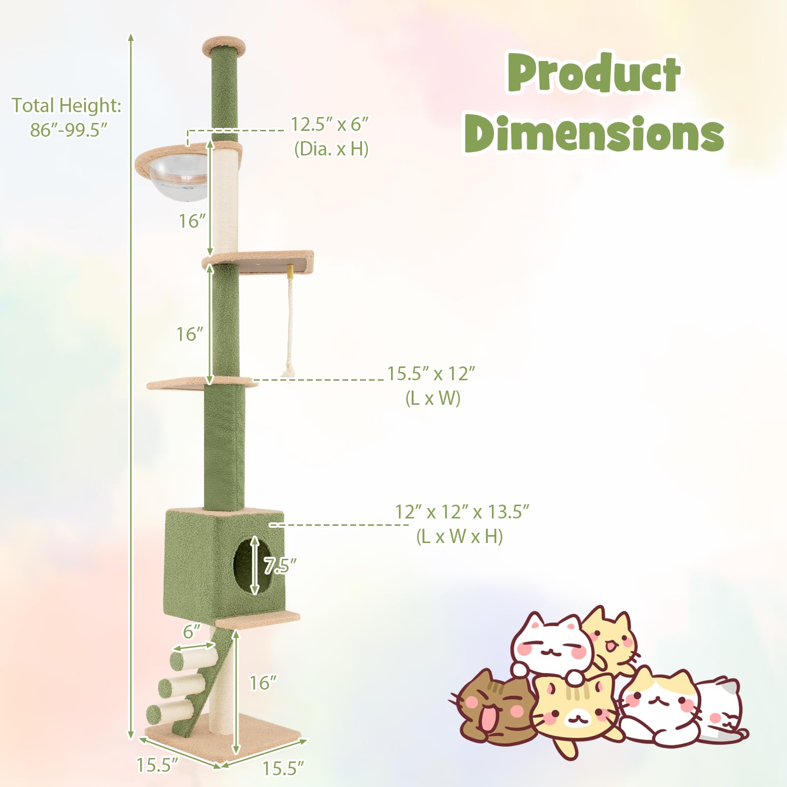 Tangkula Floor To Ceiling Cat Tree, 5 Tier Tall Cat Tower With 86   -99.5    Adjustable Height, Extra Replaceable Post, Tension