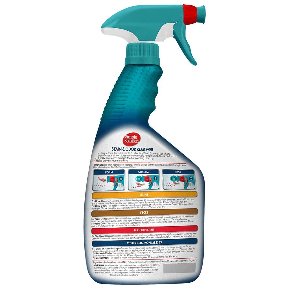 Simple Solution Stain And Odor Eliminator Spray For Dogs & Cats, Enzyme Cleaner With 2X Pro-Bacteria Cleaning Power, Strong Smel