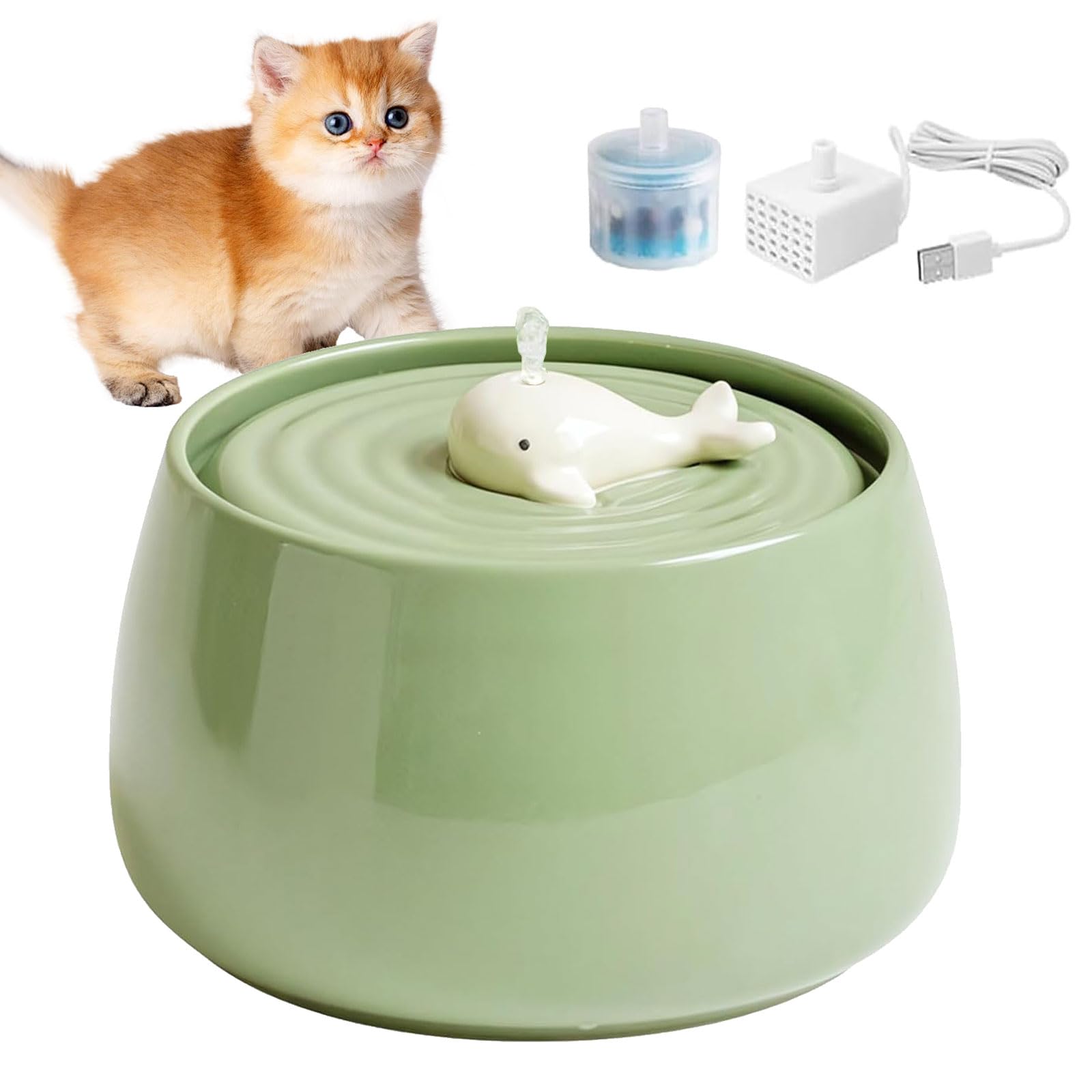 Ceramic Cat Water Fountain, 45Oz/1.3L Porcelain Cat Water Dispenser, Automatic Pet Water Fountain With Ultra-Quiet Pump, Perfect