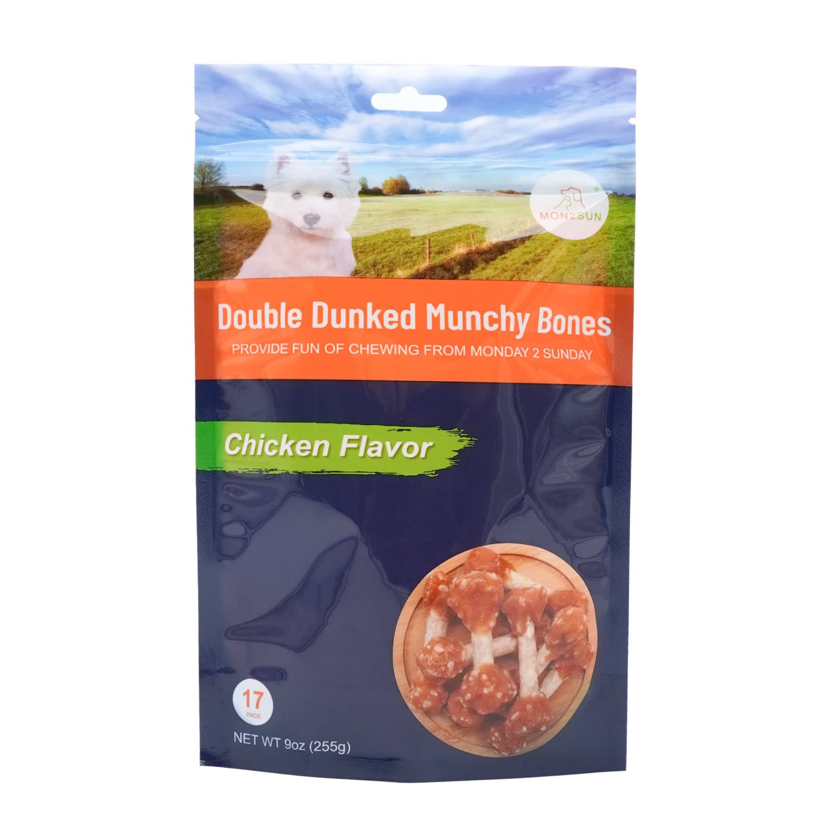 MON2SUN Dog Treats, 9oz Mini Rawhide Chews, Chicken Dumbbells with Rice for Small Dogs & Toy Breed, Crunchy and Healthy (2.5 Inc