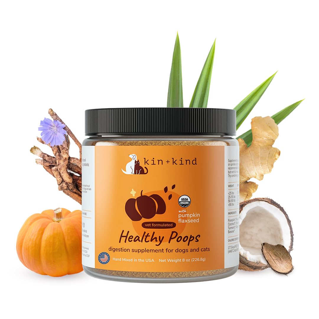 kin+kind Organic Pumpkin Powder for Dogs & Cats for Healthy Poop - Made in USA - Natural Pumpkin Powder Formula w/Flax Seed, Gin