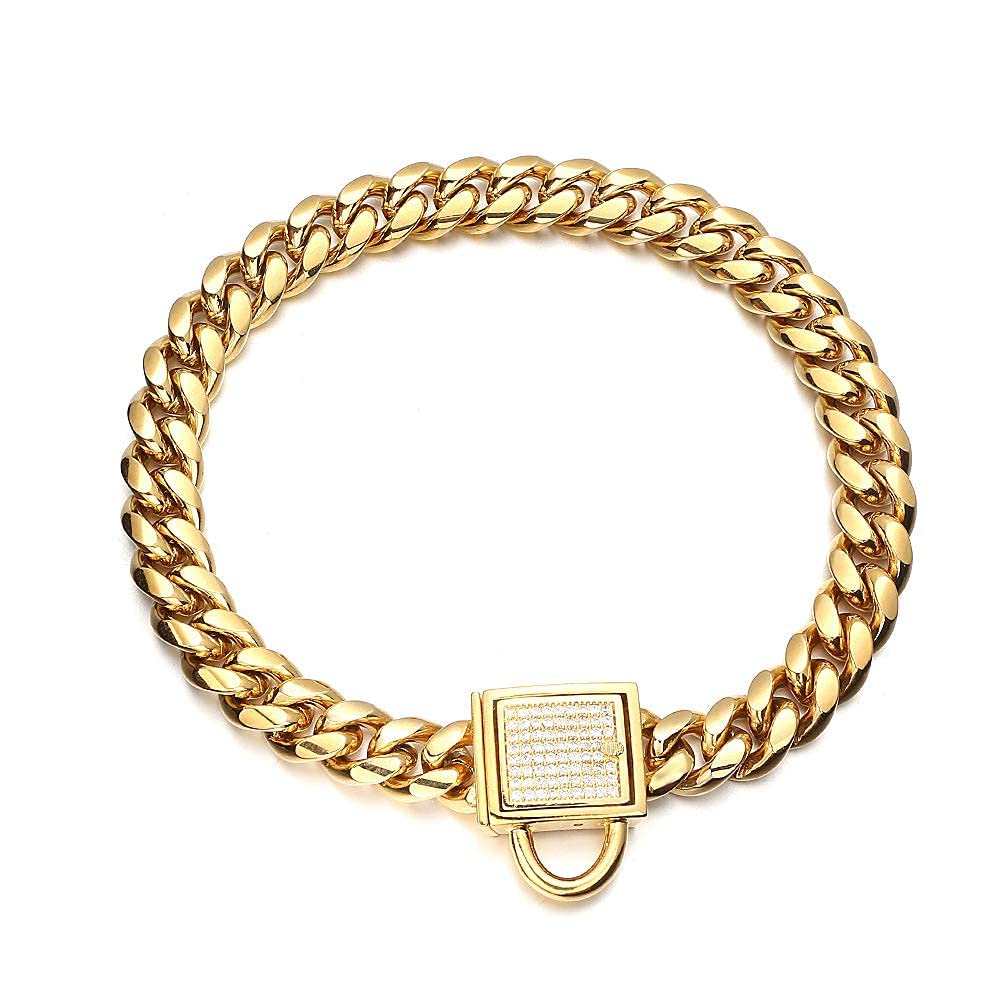Gold Dog Chain Collar 10Mm Wide Cuban Link Puppy Collar 316L Stainless Steel With Cz Diamond Lock Bling Collar For Small Dogs(10