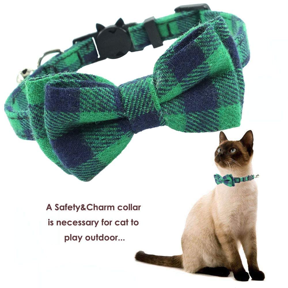 Cat Collar Breakaway With Bell And Bow Tie, Plaid Design Adjustable Safety Kitty Kitten Collars Set Of 2 Pcs (6.8-10.8In) (Green&Orange Plaid)