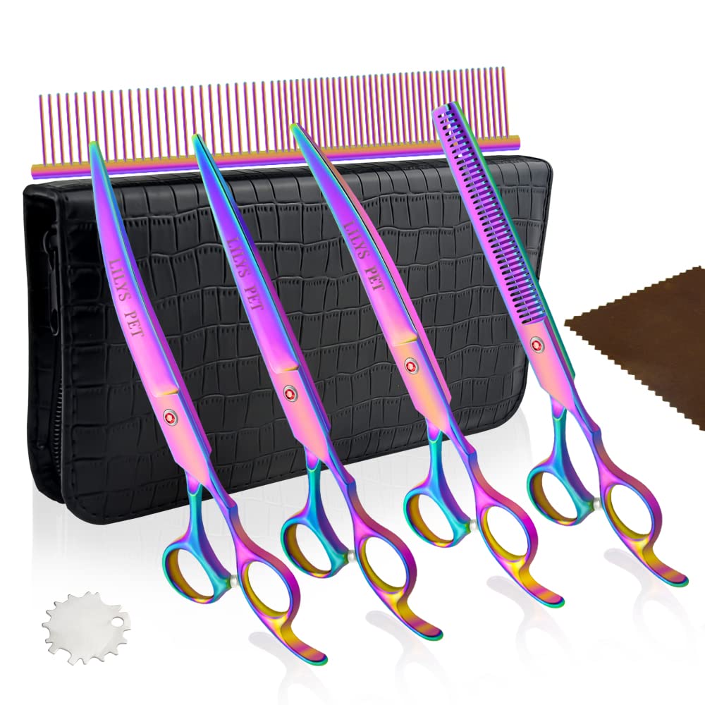 Lilys Pet Professional Pet Dog Grooming Coated Titanium Scissors Suit Cutting&Curved&Thinning Shears (7.0 Inches, Rainbow)