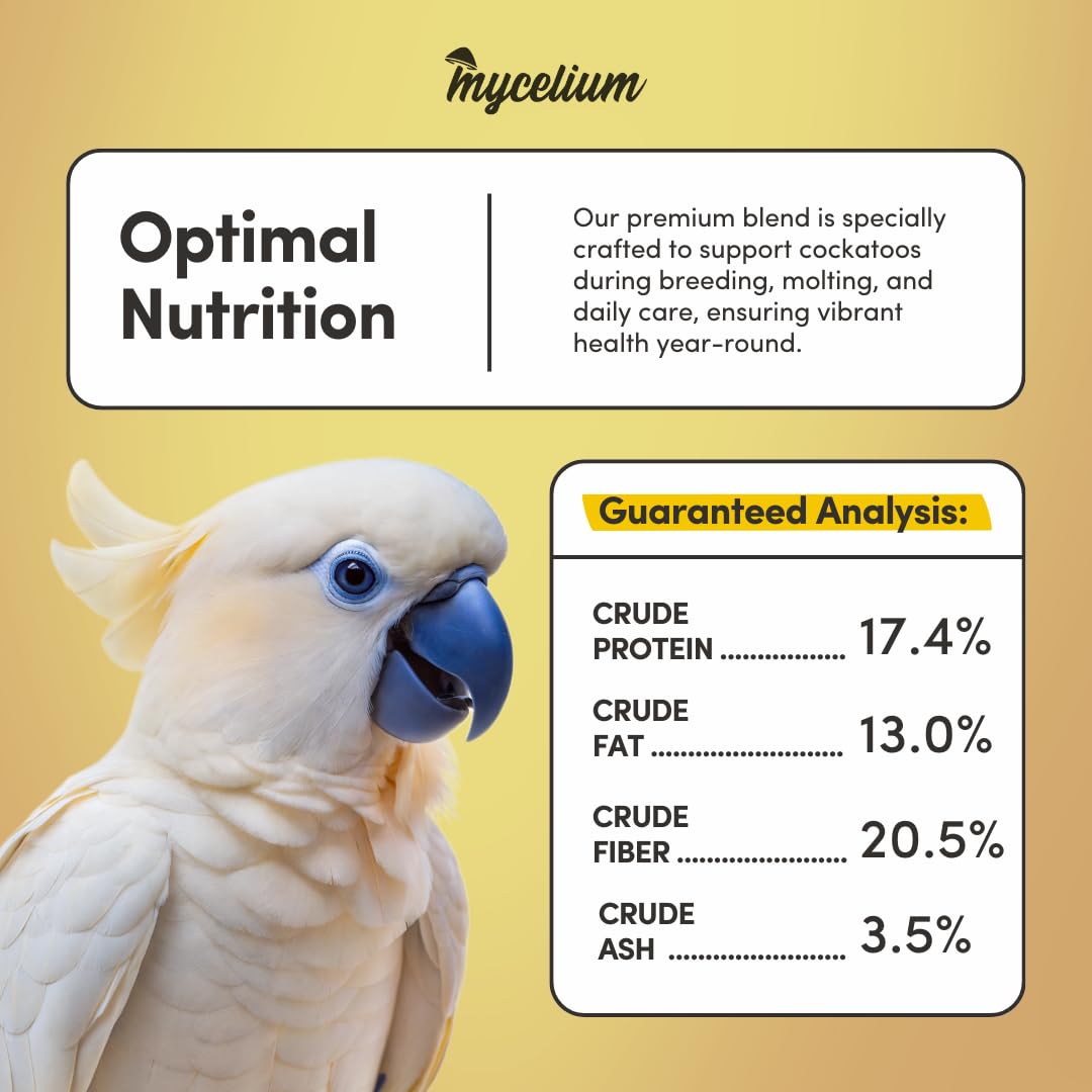 Mycelium Organic Cockatoo Bird Seed (5 LB Bag) | High-Protein Bird Food with Seeds, Pellets & Kibble | Supports Feather Health,