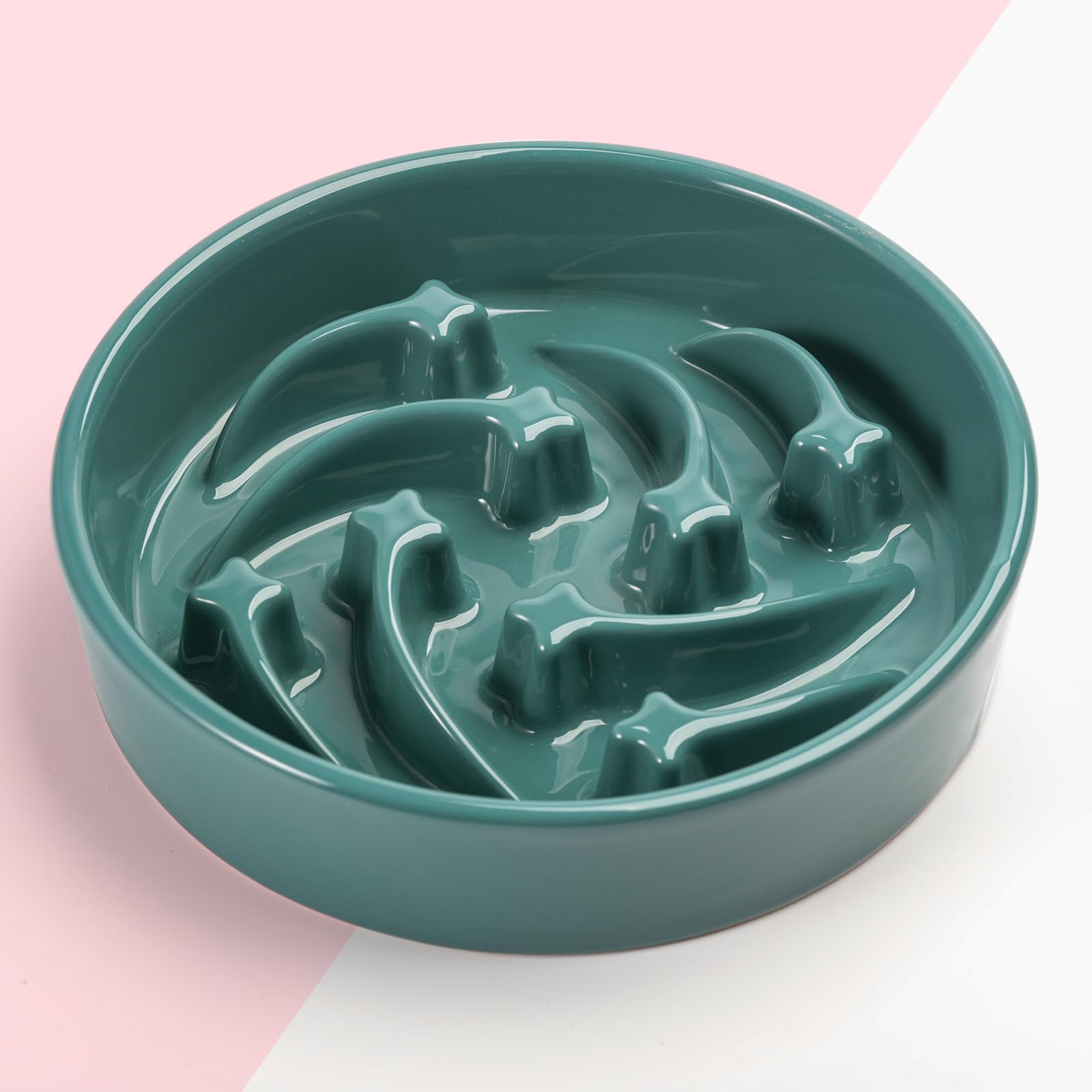 8.26 in Deep Green Ceramic Slow Feeder Dog Bowl for Medium and Large Breed,Pet Feeding Dog Food Water Dish Heavy Weighted,Puppy