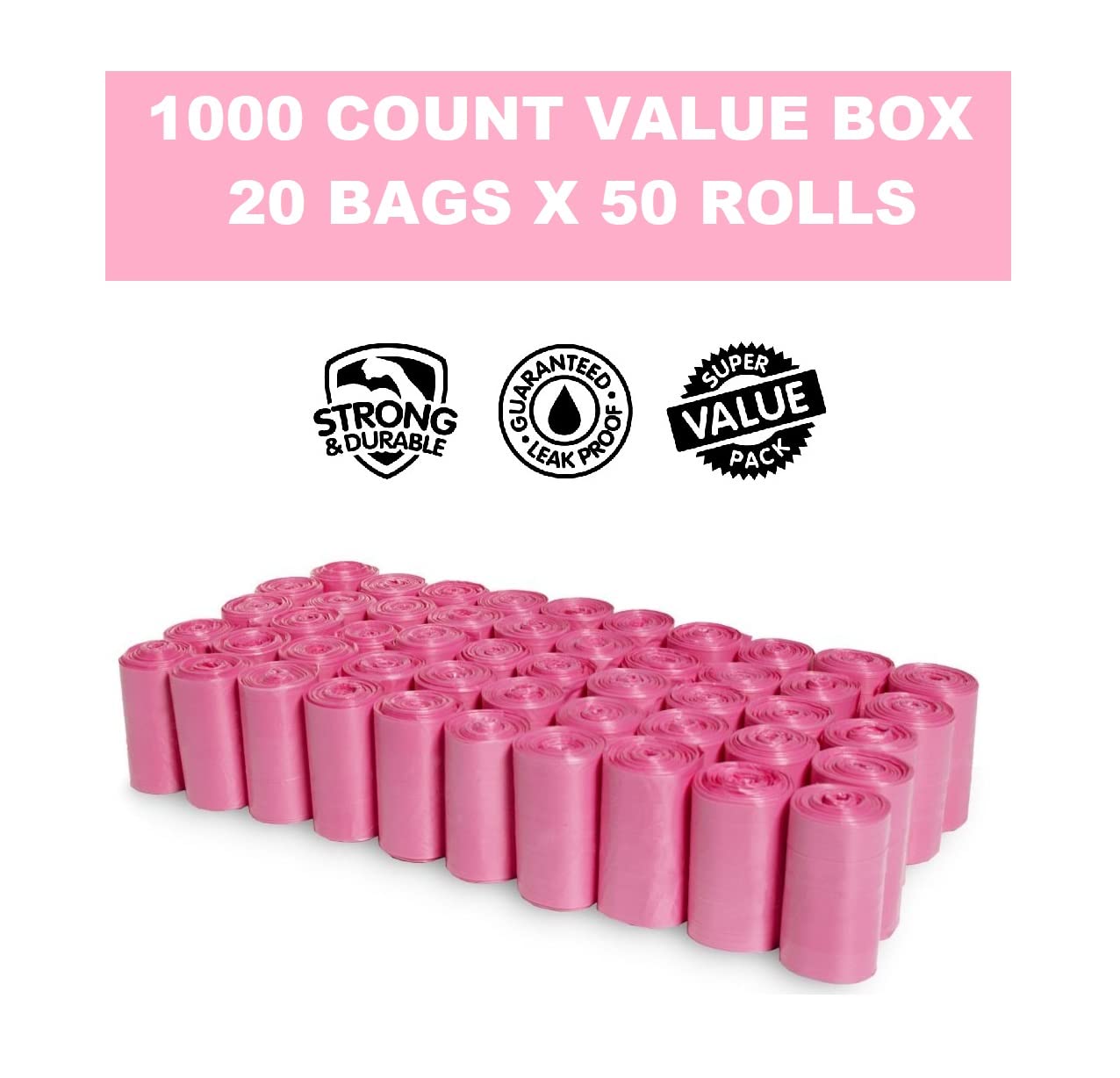 Pink Poop Bags - 1000 Count Dog Waste Bag, Cat Litter, Ez Pick Up Puppy Waste Disposal, 9'X12' Large