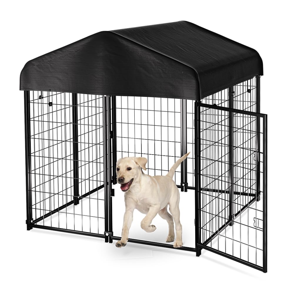 PawGiant Dog Kennel Outdoor Dog House with Roof Waterproof Cover for Medium to Small Dog Outside 4ft x 4ft x 4.5ft, Dog Enclosur