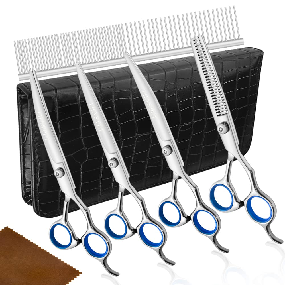 Lilys Pet Professional Pet Dog Grooming Scissors Suit,Red Ring, Cutting&Curved&Thinning Shears (Blue Ring 7.0')