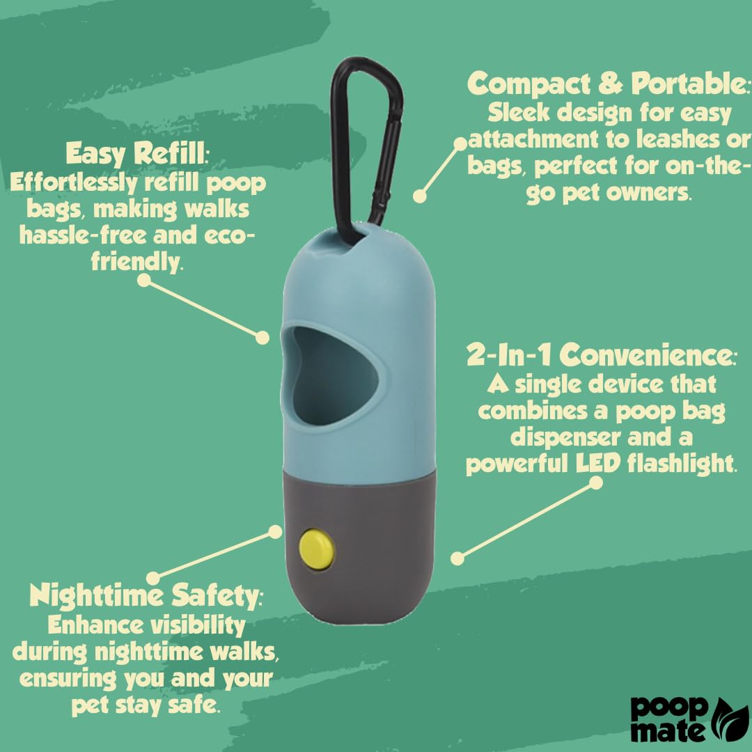 Poop Mate Dog Poop Bag Dispenser With Led Flashlight For Night Walks - Leash Clip & Metal Carabiner - Pet Waste Bag Holder Inclu