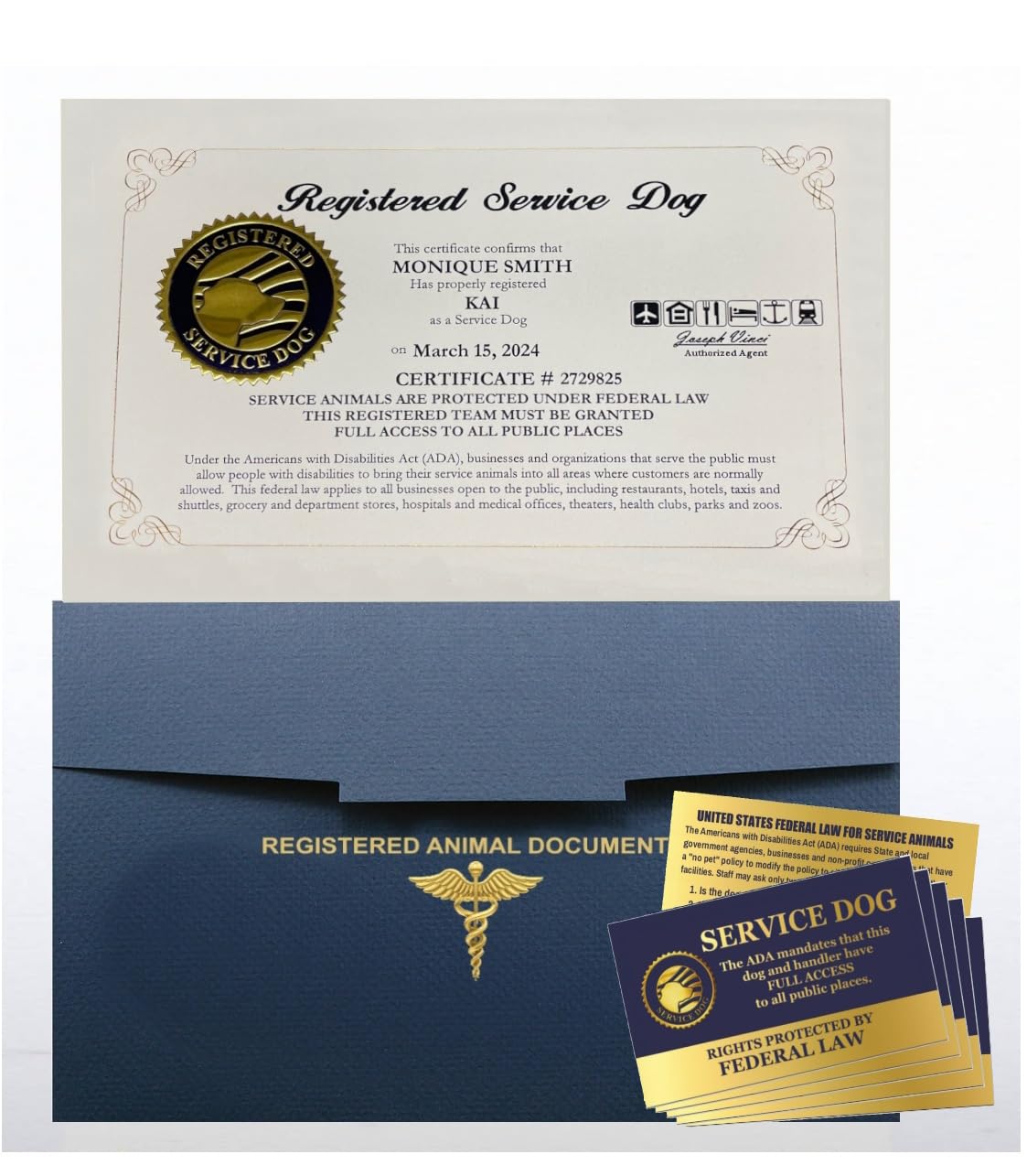 Official Registered Service Dog Certificate – Customized Certificate – Duplicate Copy - Registered Animal Documents Certificate Folder – Five Service Dog Law Handout Cards