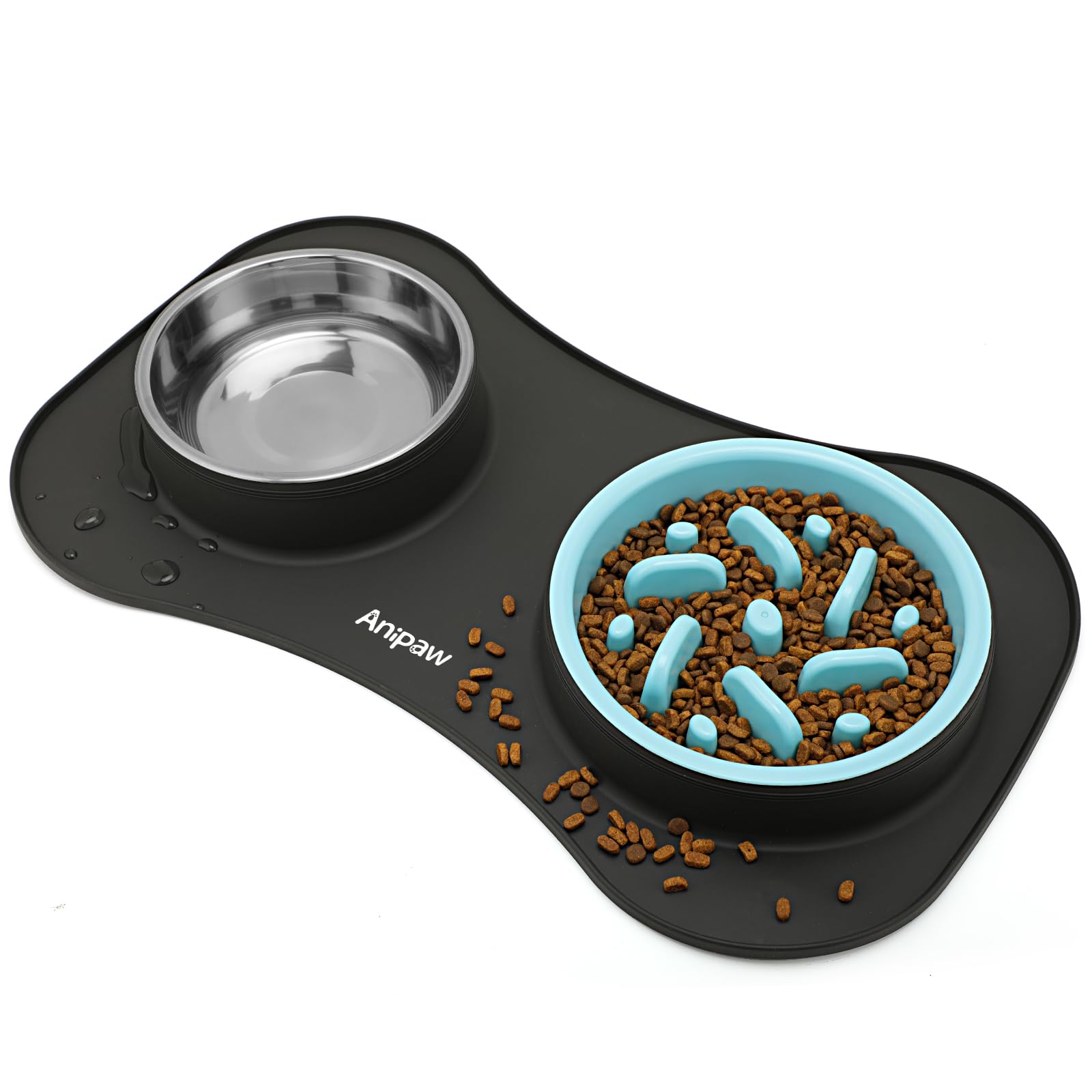 Anipaw Slow Feeder Dog Bowls 3 in 1 Stainless Steel Dog Food and Water Bowls with Non-Spill Non-Skid Silicone Mat to Slow Down E