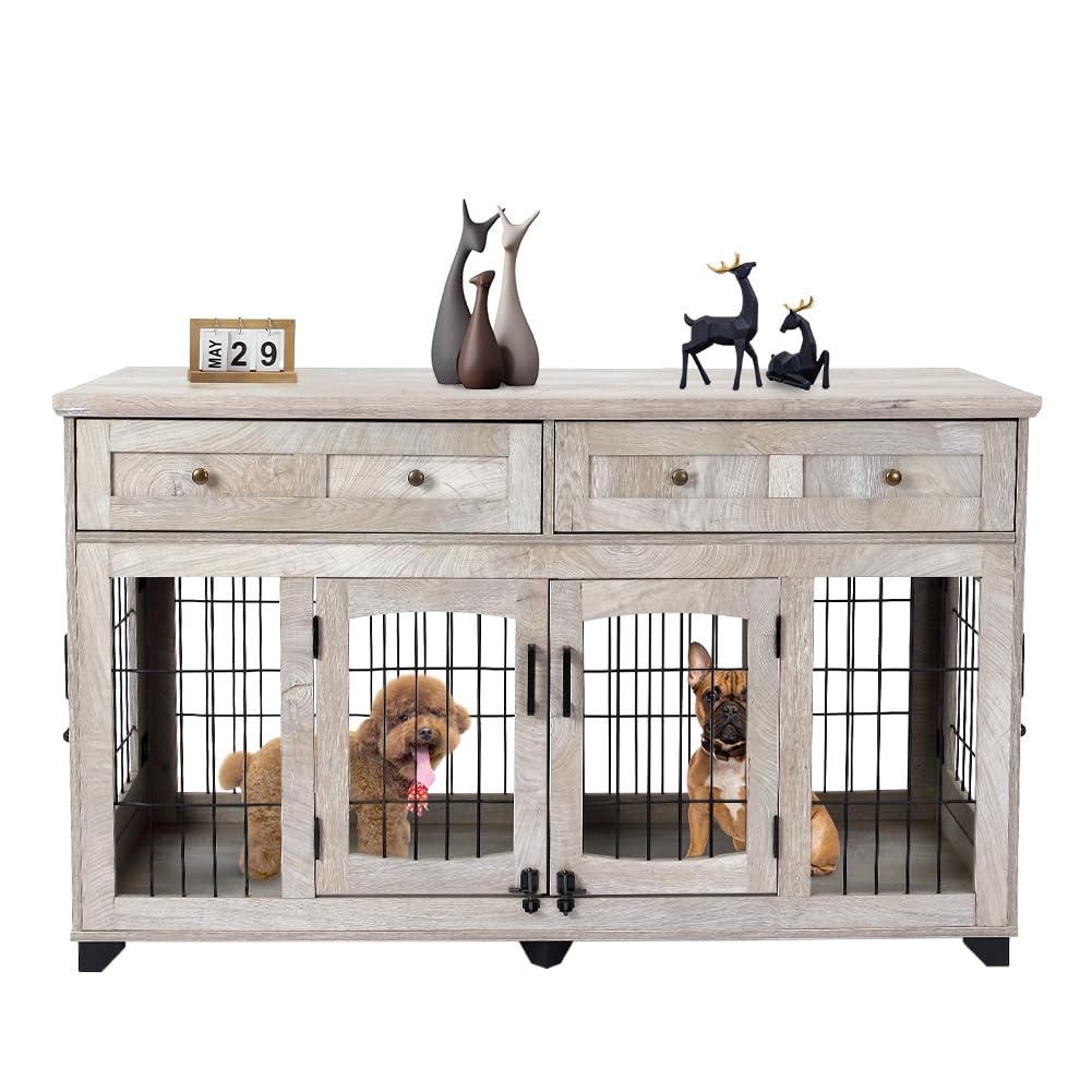 2 Dog Crate Furniture for Large Breeds,Large Dog Kennel Furniture TV Stand,58 Wooden Dog Kennel End Table with Drawers,Double Do