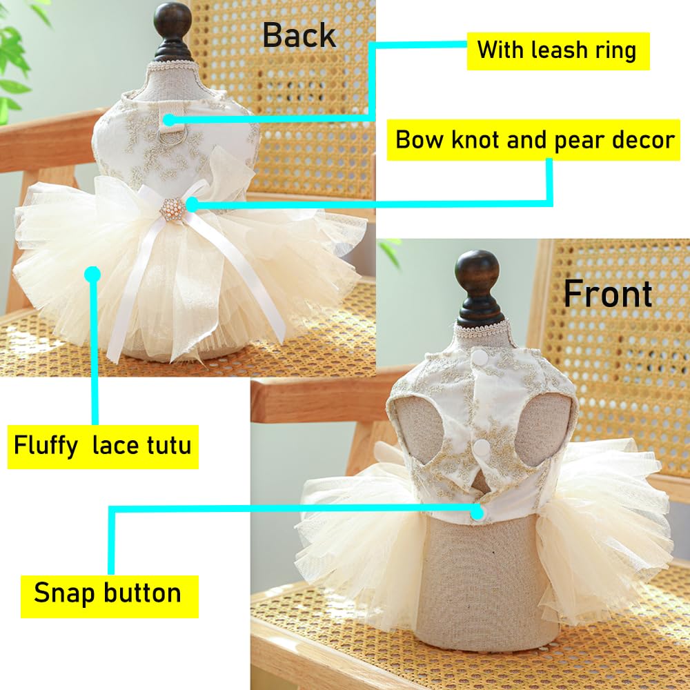 Anelekor Fancy Dog Dresses With Leash Ring, Embroidered Dog Wedding Dress, Bow Puppy Clothes For Small Pet Girl Multi-Layer Lace