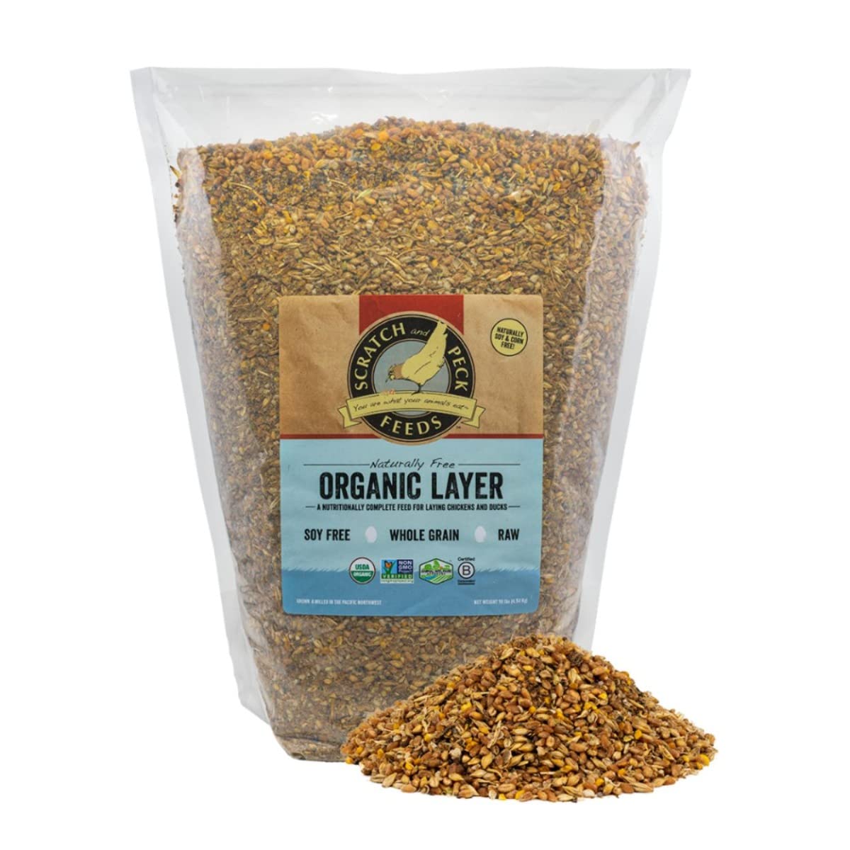 Scratch and Peck Whole Grain Layer Mash Chicken and Duck Feed - 10 lbs Bag - Corn-Free and Soy-Free - 16% Protein, Certified Org