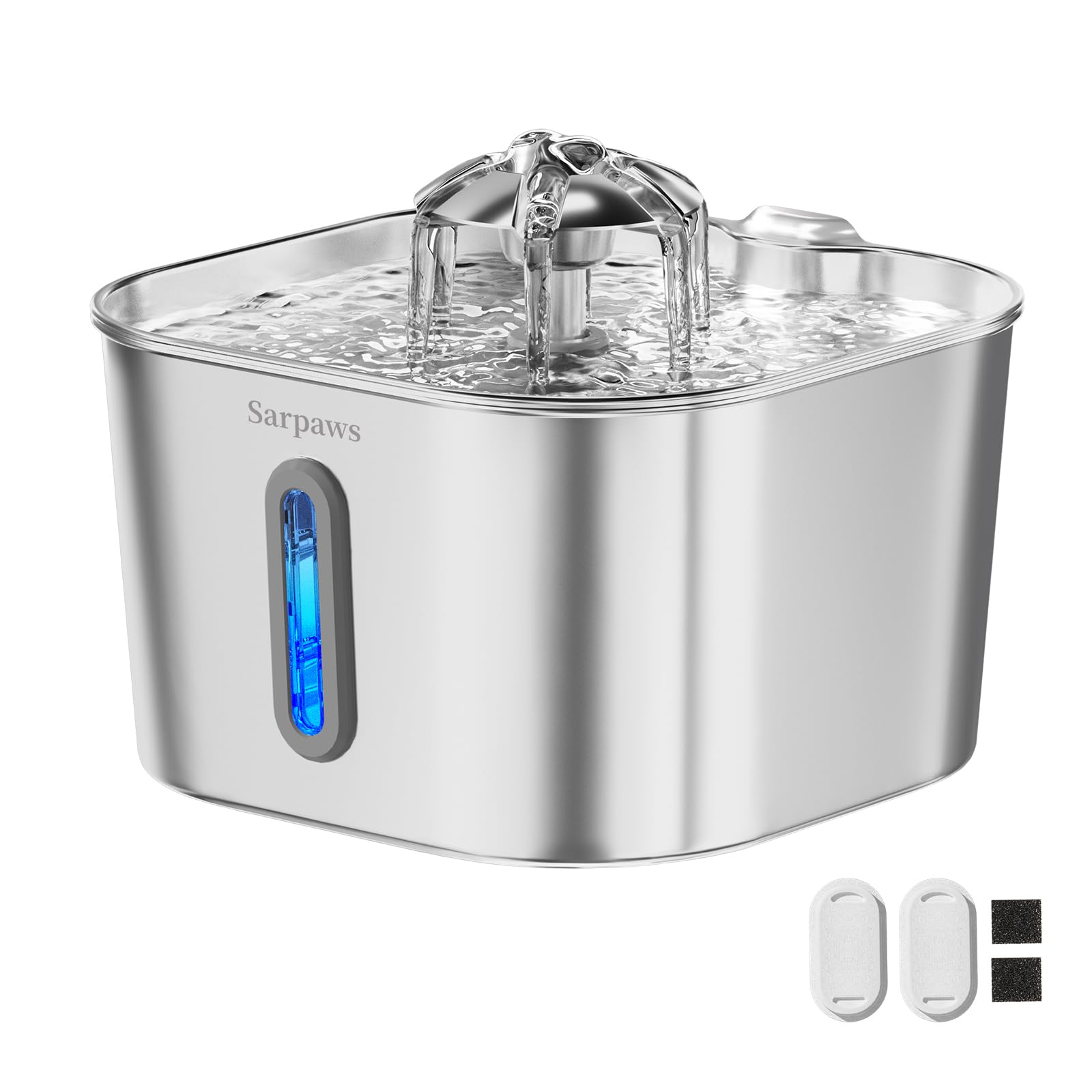SARPAWS Cat Water Fountain Stainless Steel:74oz/2.2L Water Fountains for Cats Indoor, Cat Fountains for Drinking, Ultra-Quiet, W