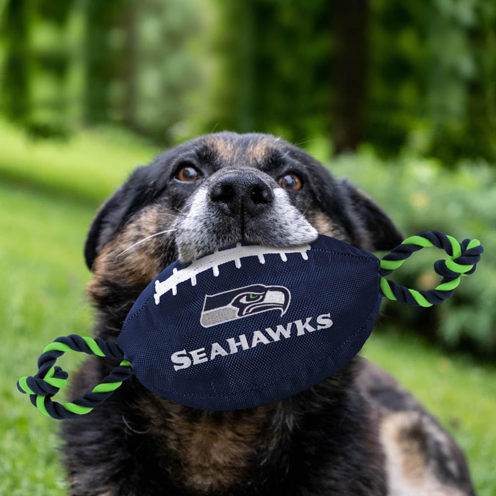 Pets First NFL Seattle Seahawks Football Dog Toy, Tough Quality Nylon Materials, Strong Pull Ropes, Inner Squeaker, NFL Team Col