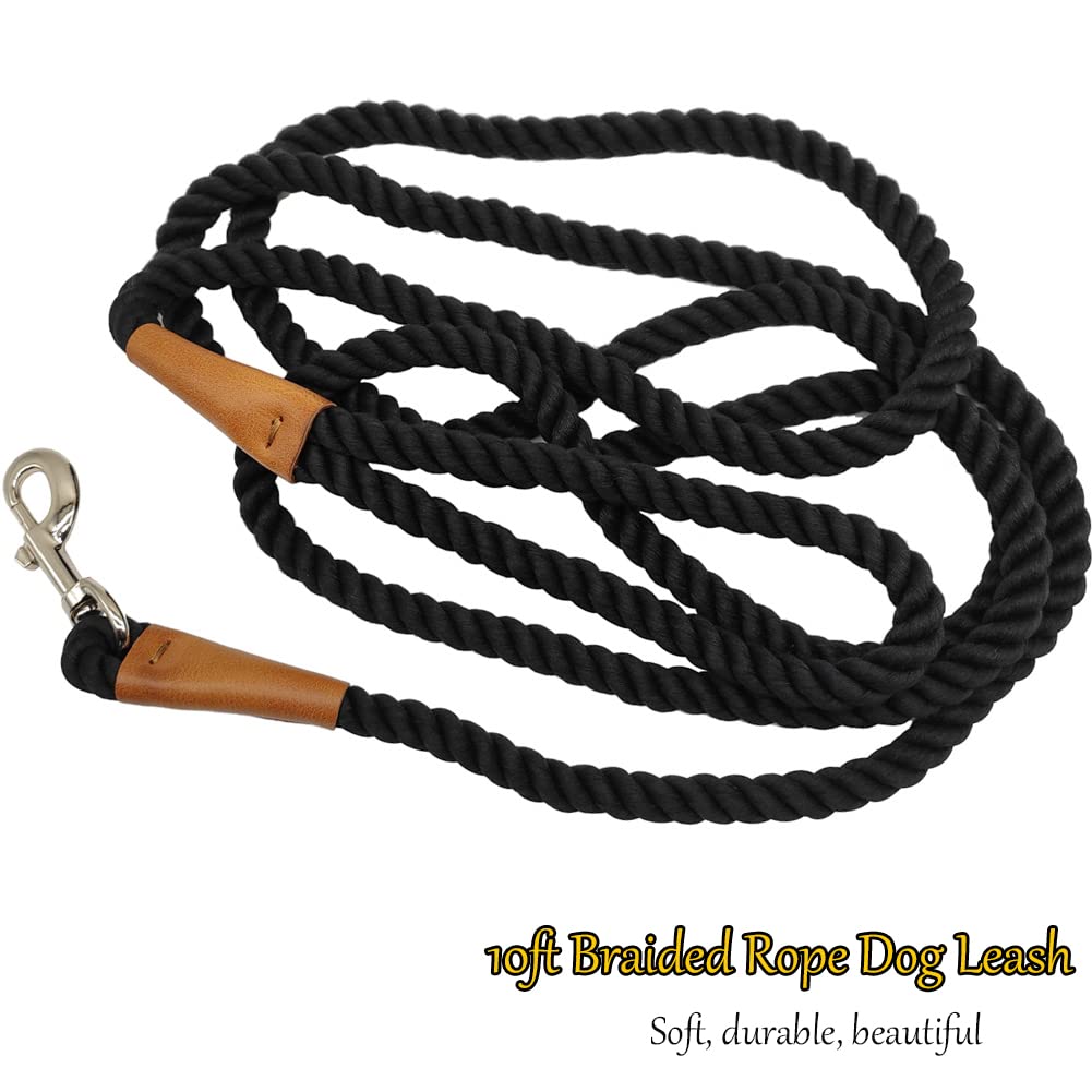 Btinesful Heavy Duty Cotton Rope Dog Leash 10 Ft, Strong Lead Soft Handle Pet Traction For Large Medium Animals Hiking, Camping, Exploring, Walking(1/2' X 10Ft, Black)